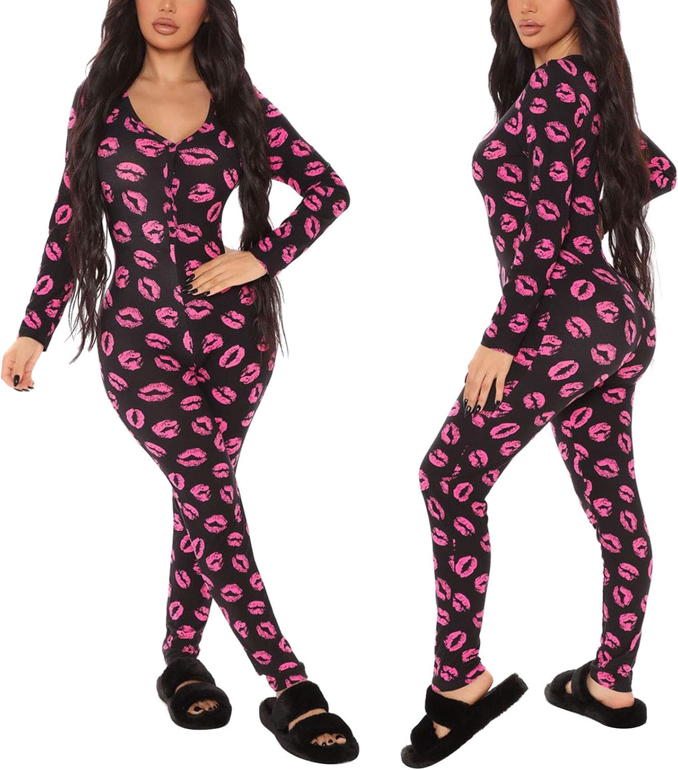 Women's V Neck Long Sleeve Jumpsuit One Piece Bodycon Pajamas Rompers Overall Sleepwear Loungewear - Image 2