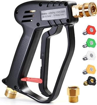 TOOLCY Short Pressure Washer Gun with 5 Nozzle Tips, 4000 PSI 7 GPM High Power Washer Spray Gun, 1/4 Quick Connector Coupler, M22 14mm Inlet and M22 15mm Adapter Compatible with Foam Cannon