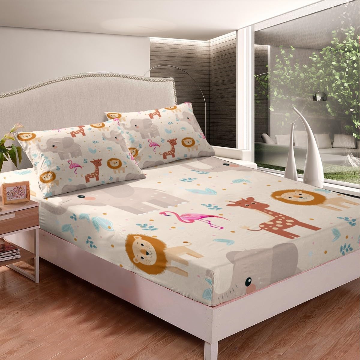 Kids Cartoon Wild Animals Fitted Sheet Cute Elephant Lion Giraffe Bedding Set for Boys Girls Teens Wildlife Style Decor Fitted Sheet & Pillow Sham Set Zoo Animal Bed Cover Room Decor Queen Size…