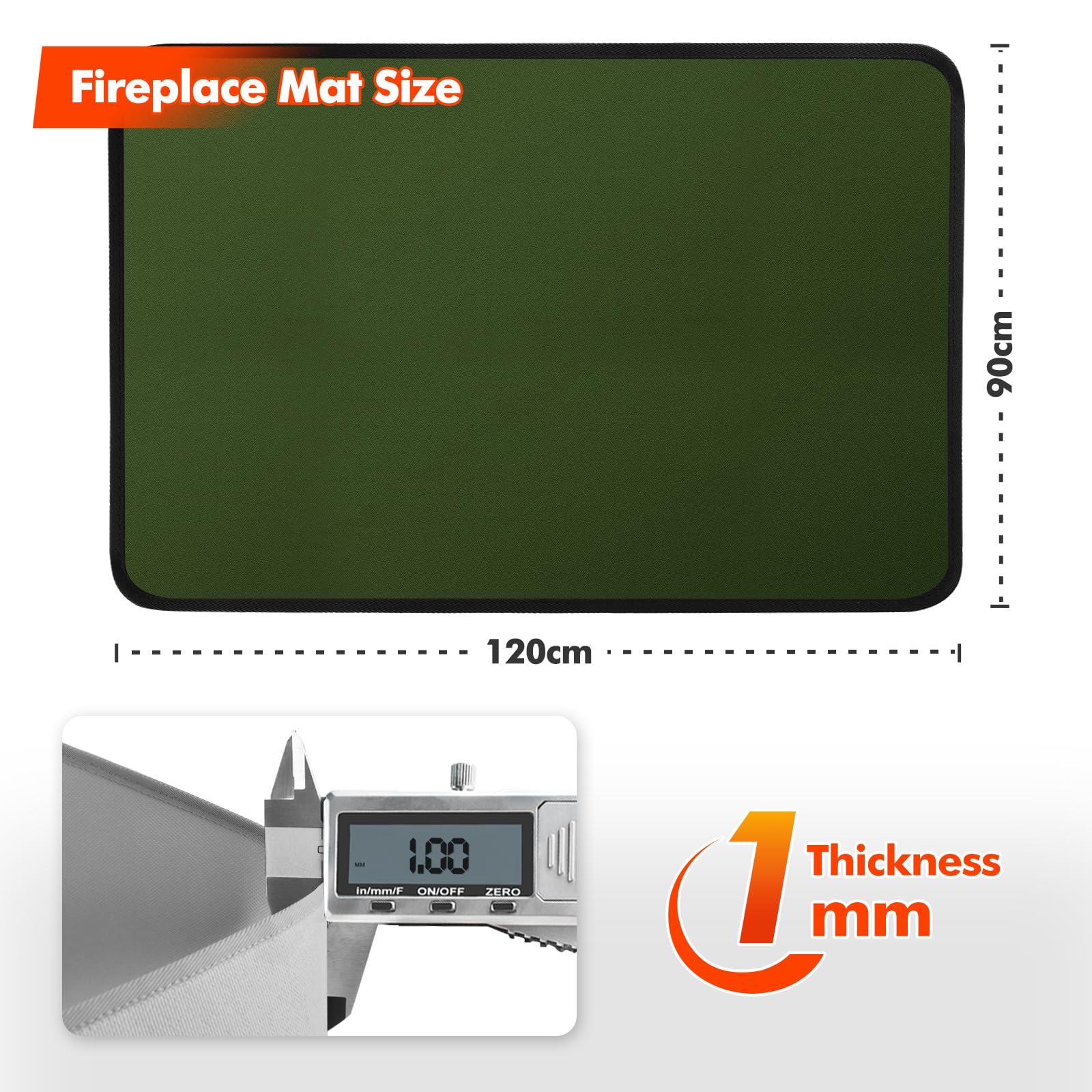 Tapis Ignifuge de Cheminée Rectangulaire, 120 x 90 x 0.1 cm, Vert | Polyvalent tapis anti feu devant cheminee, fibre de verre protège sols et tapis des étincelles et braises, facile d'entretien