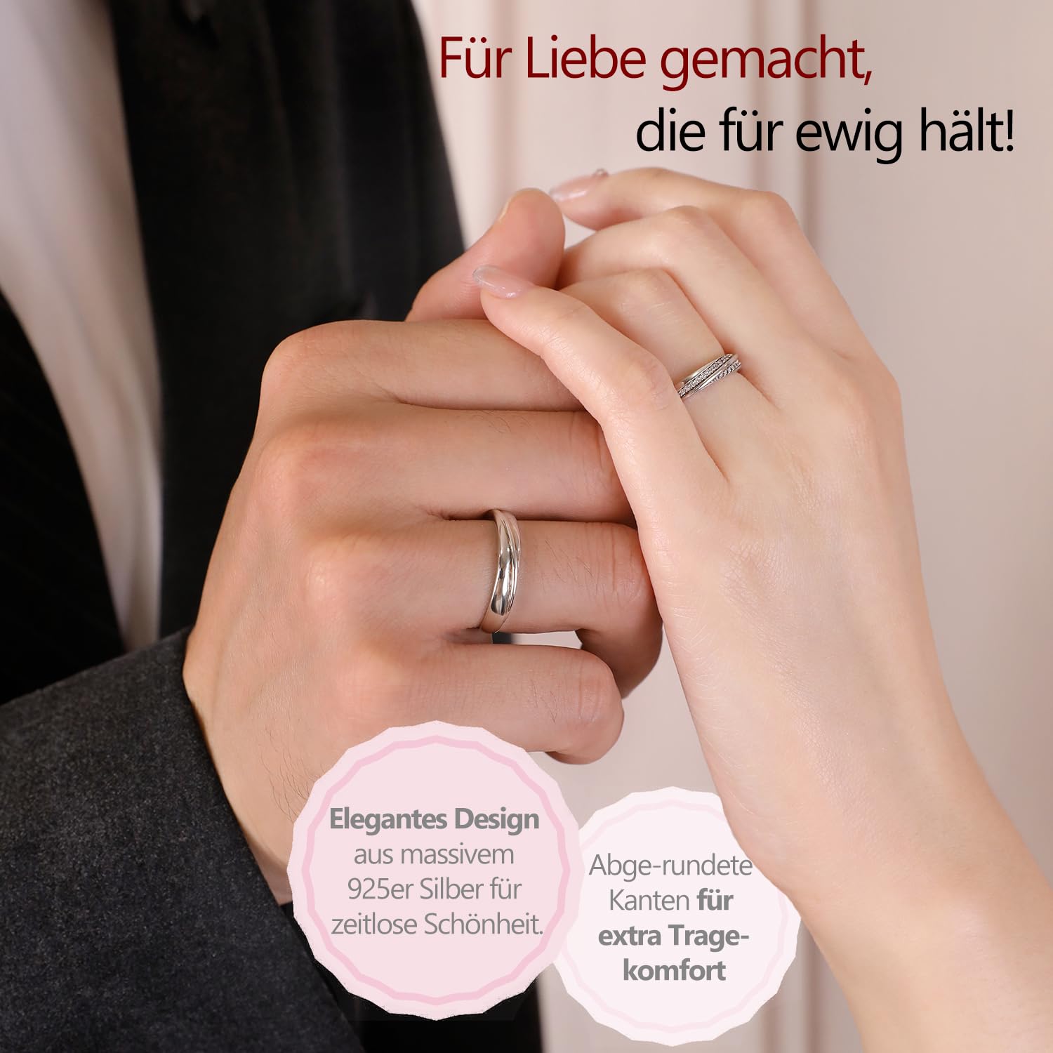 Meissa 2 Paar Ringe für Damen und Herren 925 Sterling Silber Ehering passende Versprechen Ringe Größe verstellbar handgefertigt Brautschmuck Größe 44-62