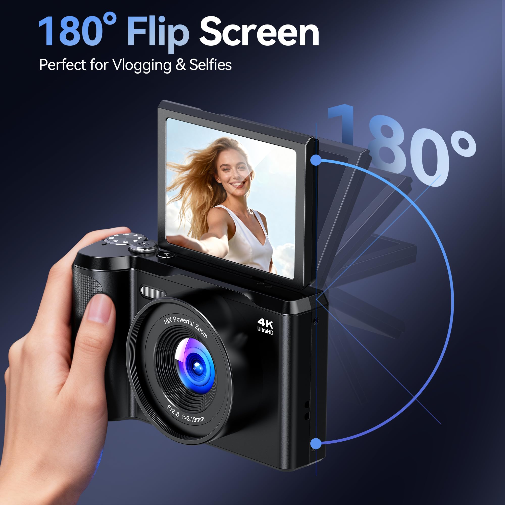 Appareil Photo Numérique 4K Digital: 56MP Appareils Numérique avec molette de Mode Écran Rabattable 180° - Camera pour Vlog avec Carte 32GB - pour Adolescents Débutants Adultes Enfant