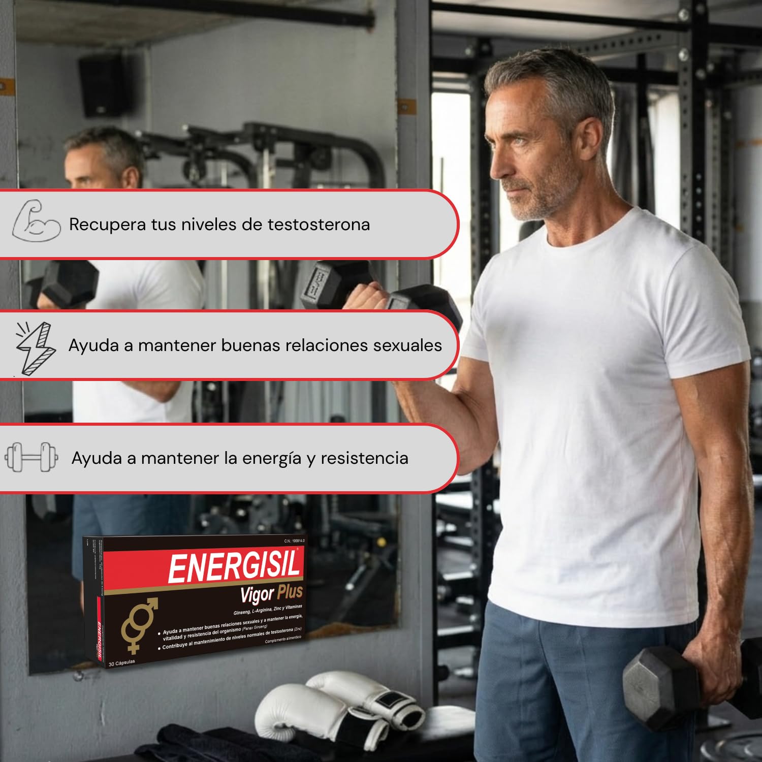 Energisil Vigor Plus 30 Cápsulas - Pack de 3 Unidades - Tratamiento para 1 Mes y Medio - con Ginseng, L-Arginina, Vitaminas y Zinc – Ayuda a Mantener la Vitalidad y al Rendimiento Sexual Masculino