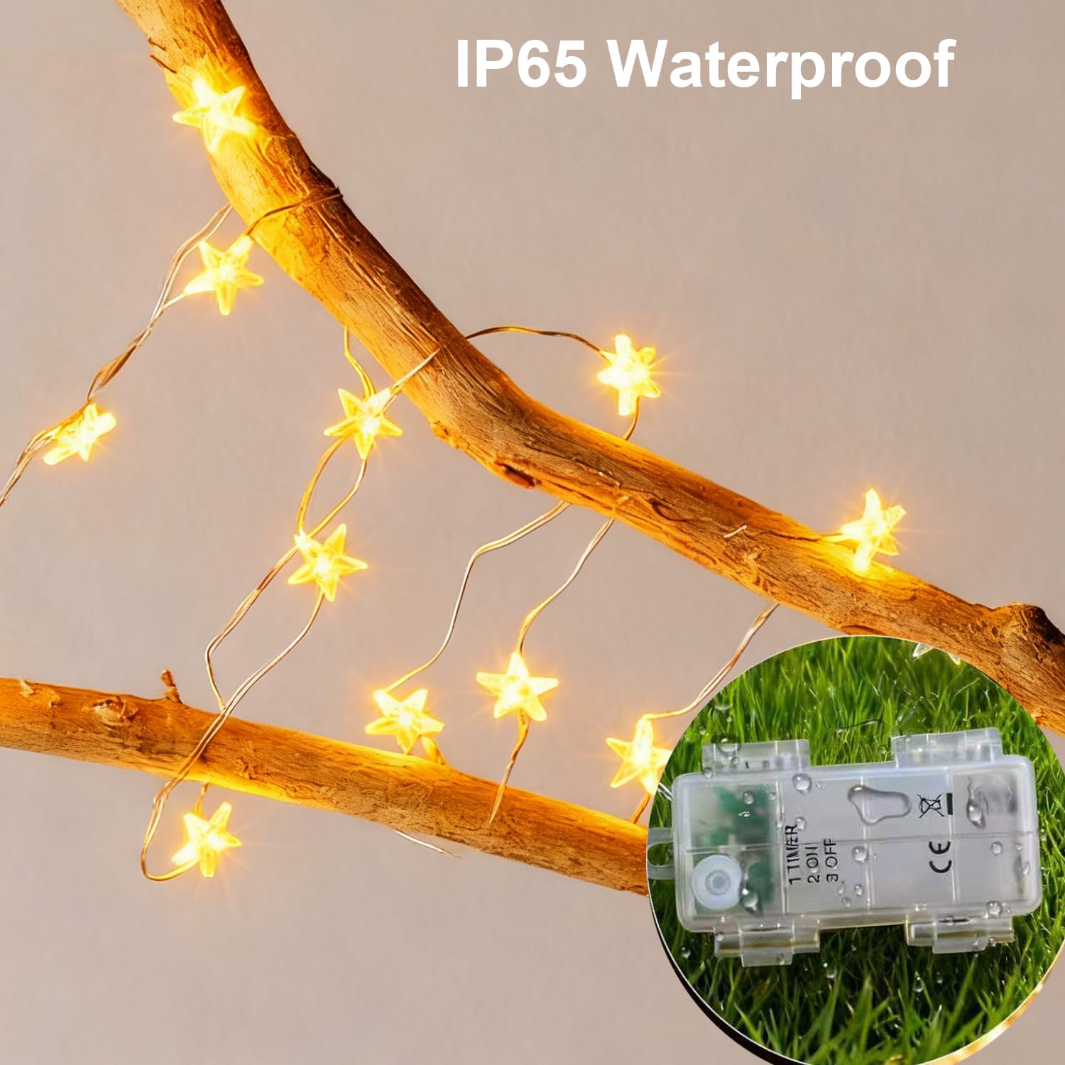 Guirnalda de luces de estrella a batería, 2 m, micro 20 LED, funciona con pilas, temporizador IP65, alambre plateado, luces de hadas para árbol de Navidad, cumpleaños, fiesta de San Valentín