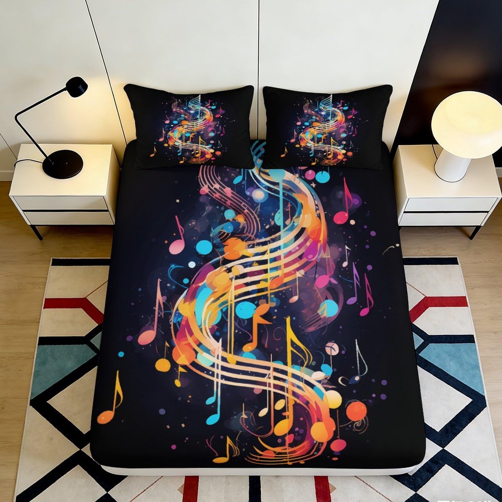 3D Printed Colorful Music Notes Fitted Sheet Microfiber Soft Decor Splash Melody Bed Cover for Bedroom Guest Room 90x200x25cm