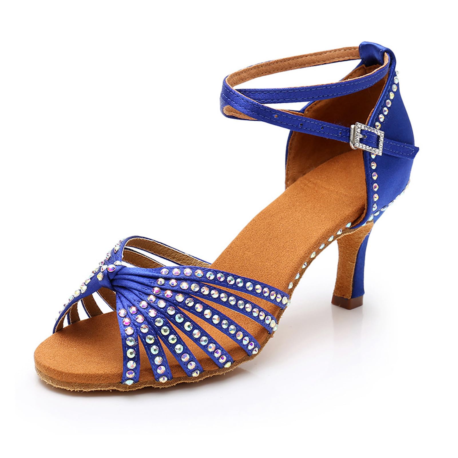 Nowe buty do tańca latynoskiego z diamentową wkładką dla kobiet dorosłych na środkowym obcasie miękka podeszwa buty do tańca wysokie obcasy z diamentowymi butami do tańca Cha-cha, A436 niebieski obcas