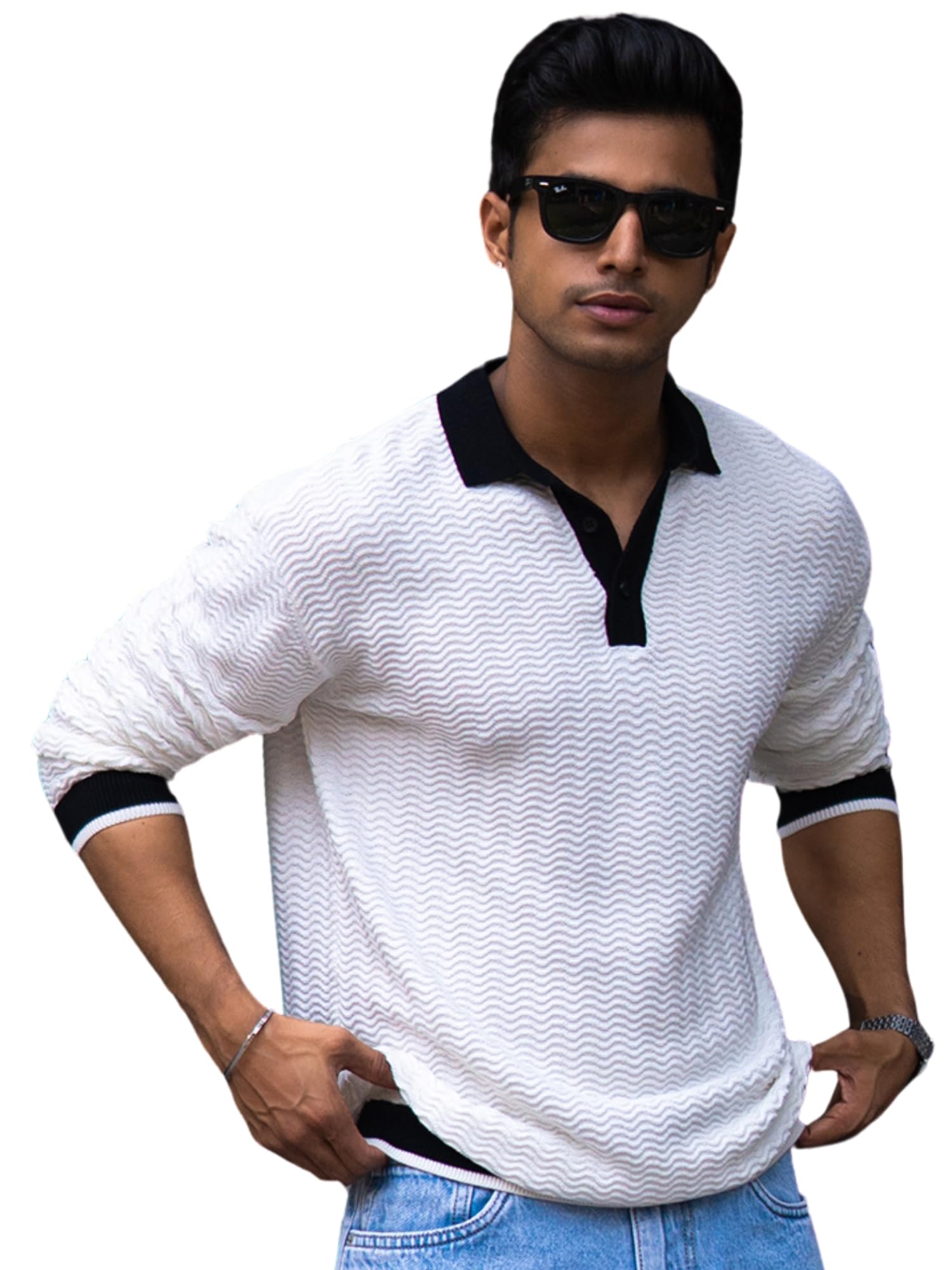 maniac || Mens || Textured Wave || Polo Neck || Full Sleeve || Half Zipper || Cotton T-Shirt-picture-22