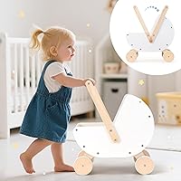 Vista 3 de Andador de bebé de madera y cochecito de muñeca – Mango ajustable, carro de empuje, antivuelco, ruedas silenciosas, carrito de compras simulado