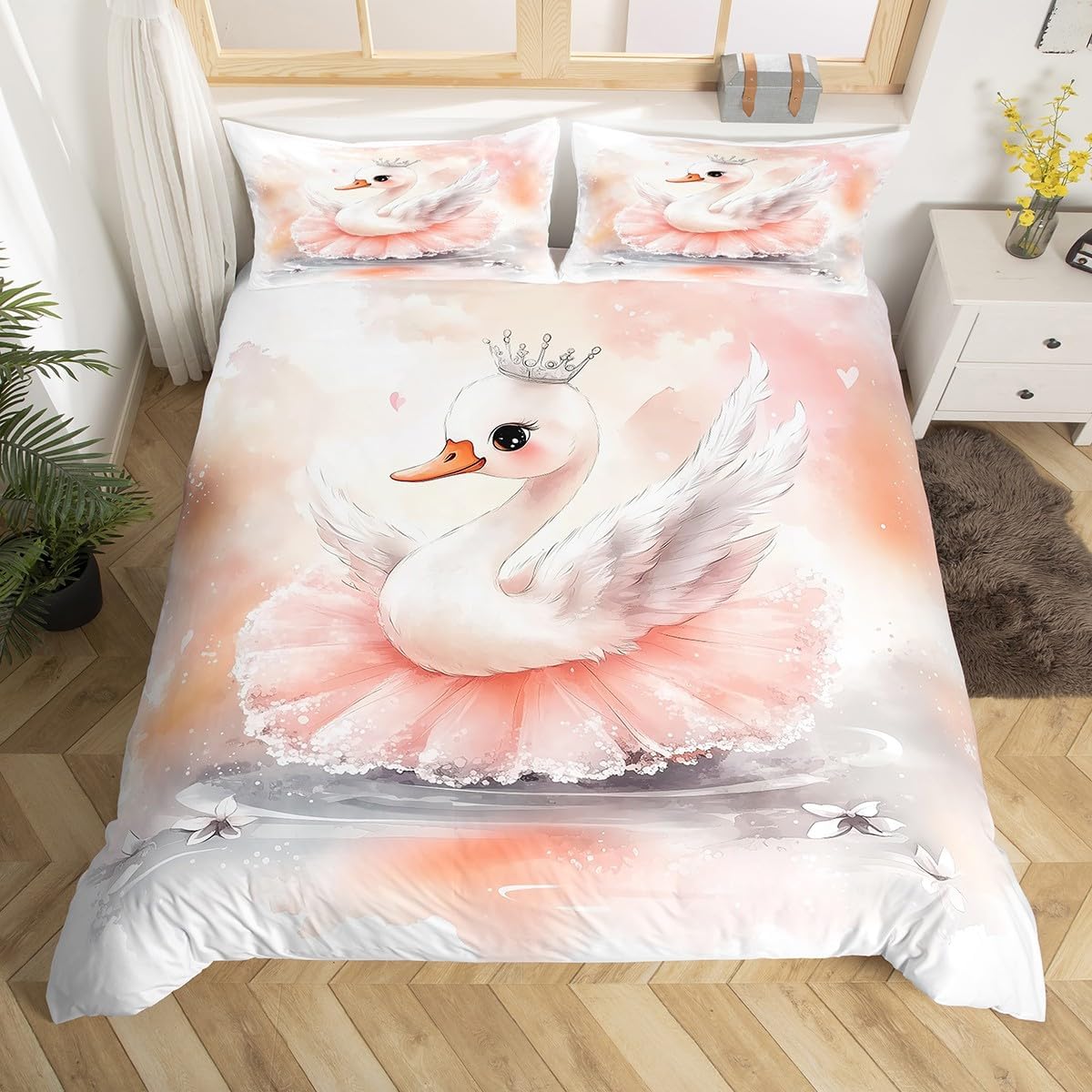 Cartoon Swan Duvet Cover Set Toddler Size,Ballet Dancing Dress Princess Bedding Set,Girls Women Room Decor,Cute Wild Pond Animal Dreamy Comforter Cover,Pink White Quilt Cover,1 Pillowcase(No Filler)