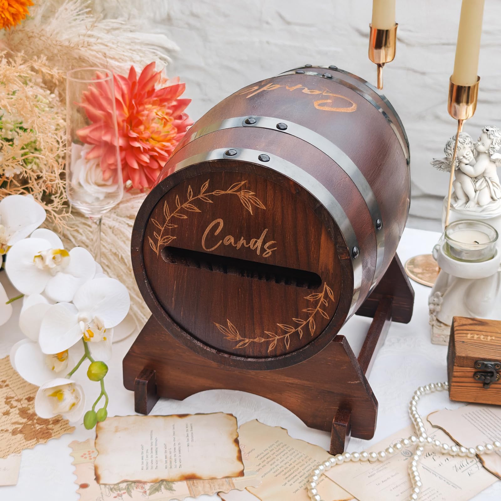 OurWarm Holzkartenbox für Hochzeit, Vintage-Geschenkkartenbox mit Sockel, Whiskey-Fass Hochzeitskartenboxen für Empfang, Party, Abschlussfeier, Braut, Babyparty, Geburtstagsdekoration