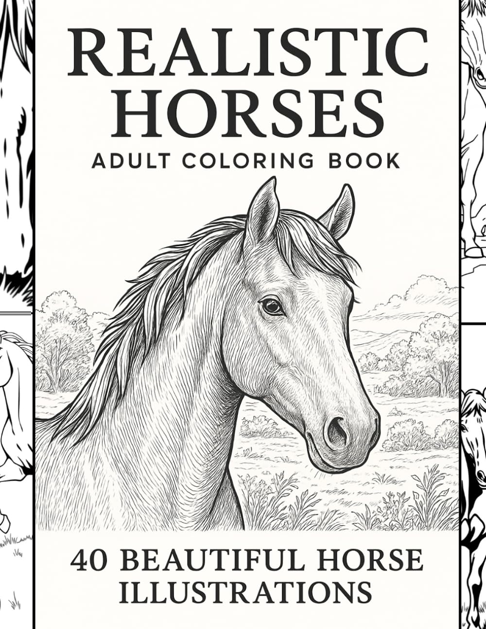 Realistic Horses – Adult Coloring Book: 40 Beautiful Horse Illustrations for Relaxation, Stress Relief & Creative Enjoyment