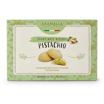 Aramella Gourmet Pistachio Cream Filled Short Crust Biscuits Cookies 12 Count - 4.9 oz 140g - Made in Italy Italian Pistachio Cookies with Cream Filling