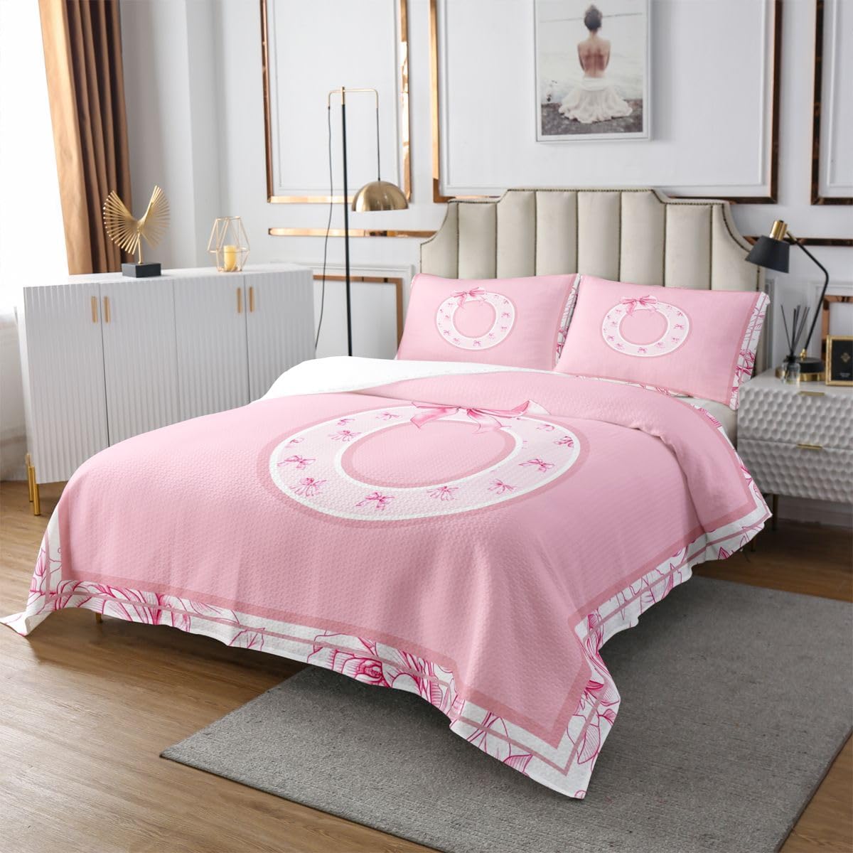jejeloiu Pink Bow Bedspread 3 Pieces King Size Monogrammed Coverlet Set Soft Cozy Personalized Initial O Lightweight Quilted Coverlet for All Season with 2 Pillowcases Coquette Bows