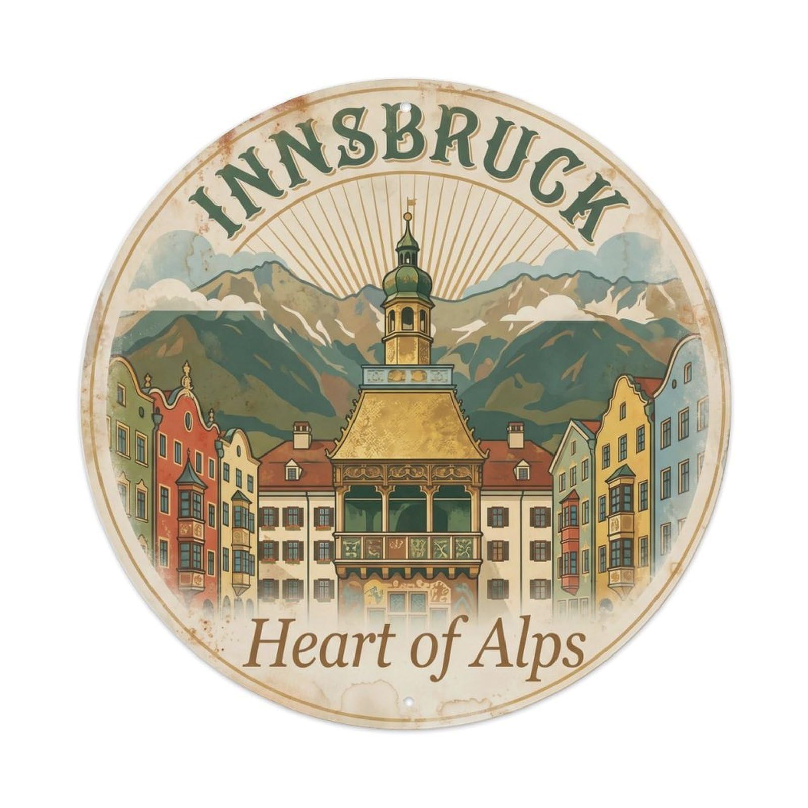 Vintage Travel Innsbruck Alpine Capital Metal Tin Sign Plaque Wall Decor for Cafe, Club Bar, Office, Home Garden Round Metal Poster 8x8Inch