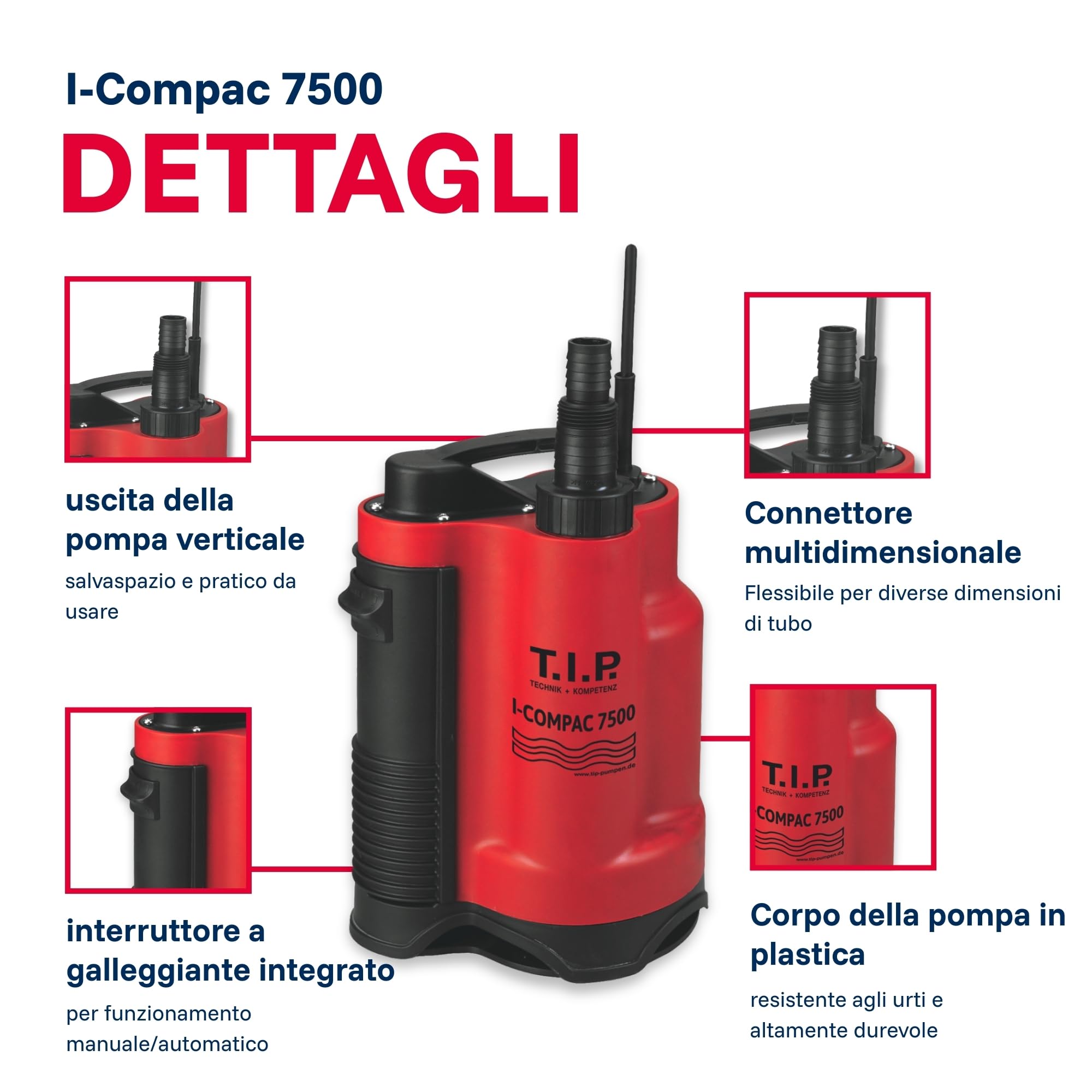 Pompa sommersa per drenaggio I-Compac 7500 in plastica con interruttore a galleggiante per acque sporche 400W, Rosso