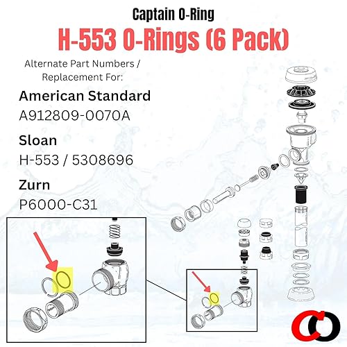Vista 2 de Captain O-Ring Repuesto H-553/5308696 / P6000-C31 / A912809-0070A Anillos tóricos para Zurn, Sloan, Royal/Regal, American Standard Válvula