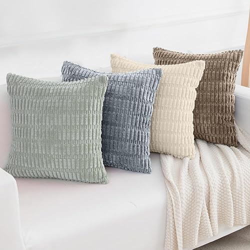 Miniatura 7 de Softalker Juego de 4 fundas de almohada de pana suave a rayas bohemias de 18 x 18 pulgadas, fundas decorativas modernas para sofá, dormitorio y sala