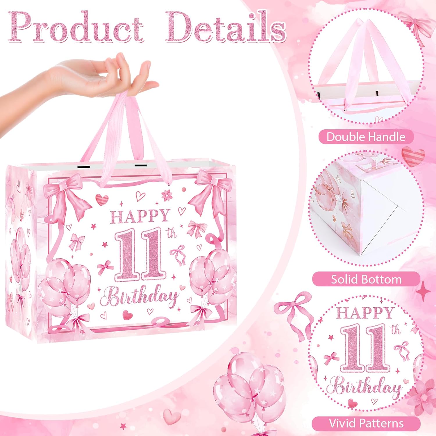 Large 11th Birthday Gift Bag for Girls Pink Bow 11 Year Old Gift Bags with Wrapping Paper and Greeting Card Happy 11th Birthday Party Favor Bag for Girls Eleven Years Old Gifts Decorations Supplies - Image 3