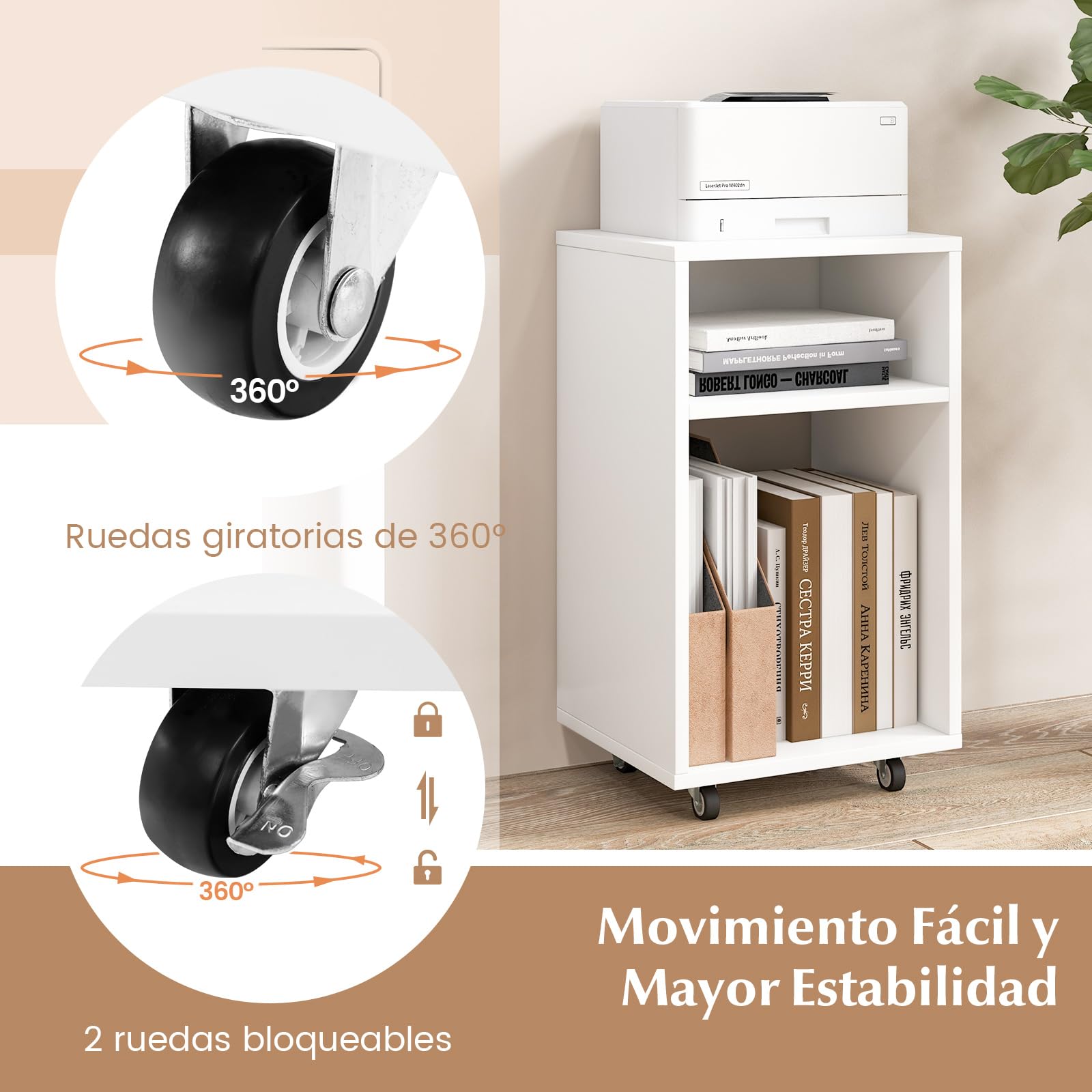 COSTWAY Cajonera Escritorio, Cajonera Oficina con 2 Estantes Abiertos, Cajonera con Ruedas, 33 x 30 x 58 cm, Soporte para Impresora Casa, Oficina, Blanco