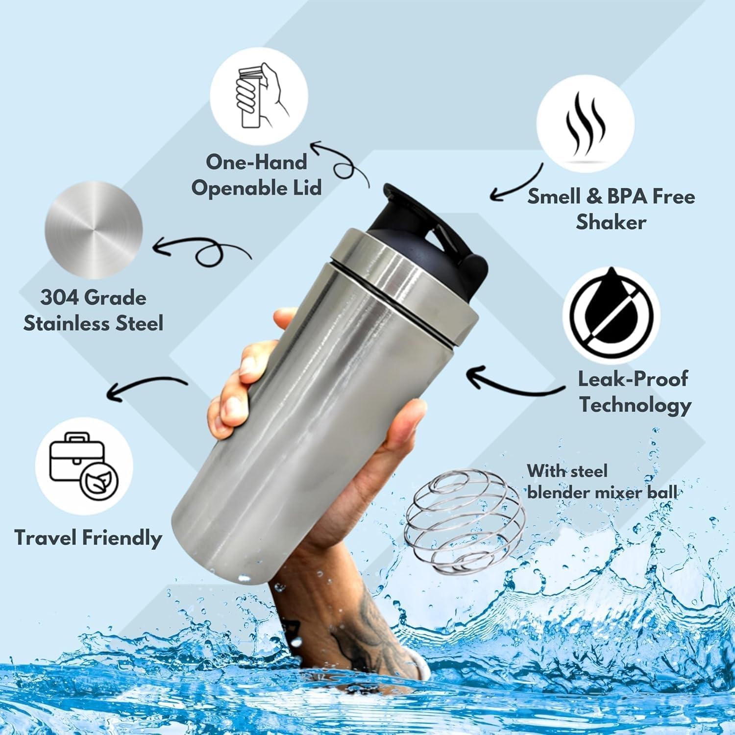 Shaker de protéines en acier inoxydable, 1000 ml, étanche avec boule mélangeur, sans BPA, large ouverture, échelle de mesure pour salle de sport et sport