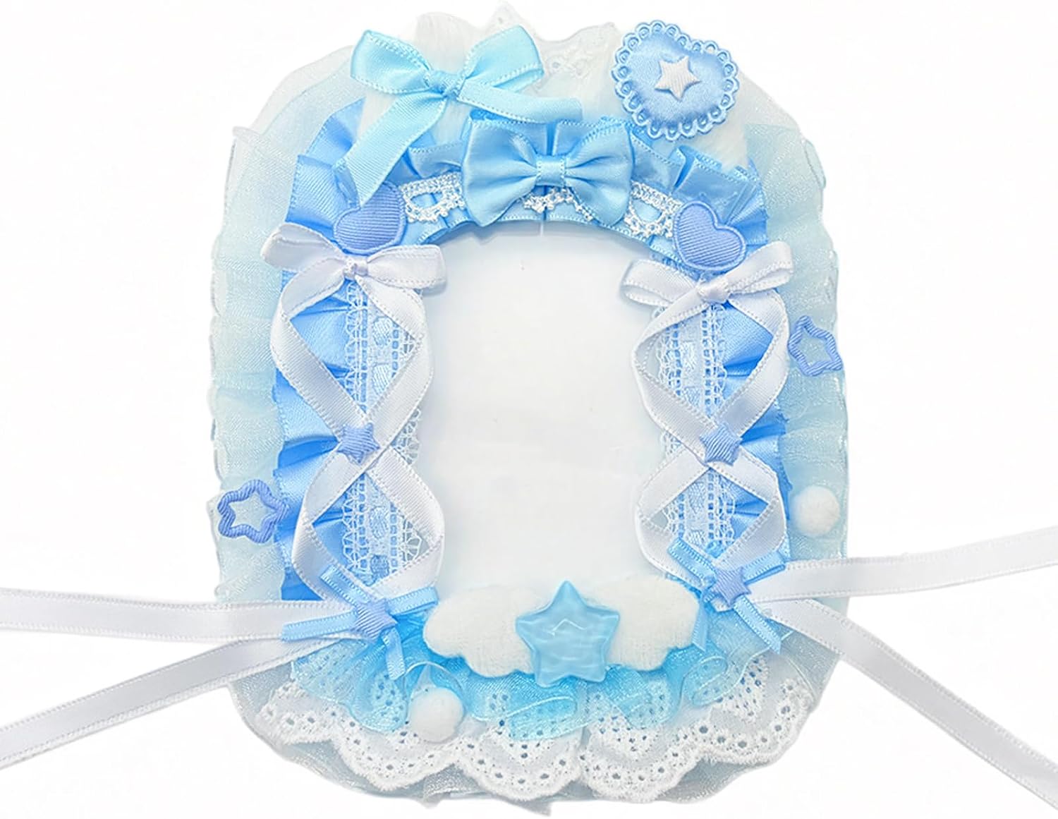 Ruffled Lace Trim Photocard Holder with Kitten Ear Design - Clear Protective Sleeve for 3 Inch ID, Credit, Student, and Bus Cards (Blue)