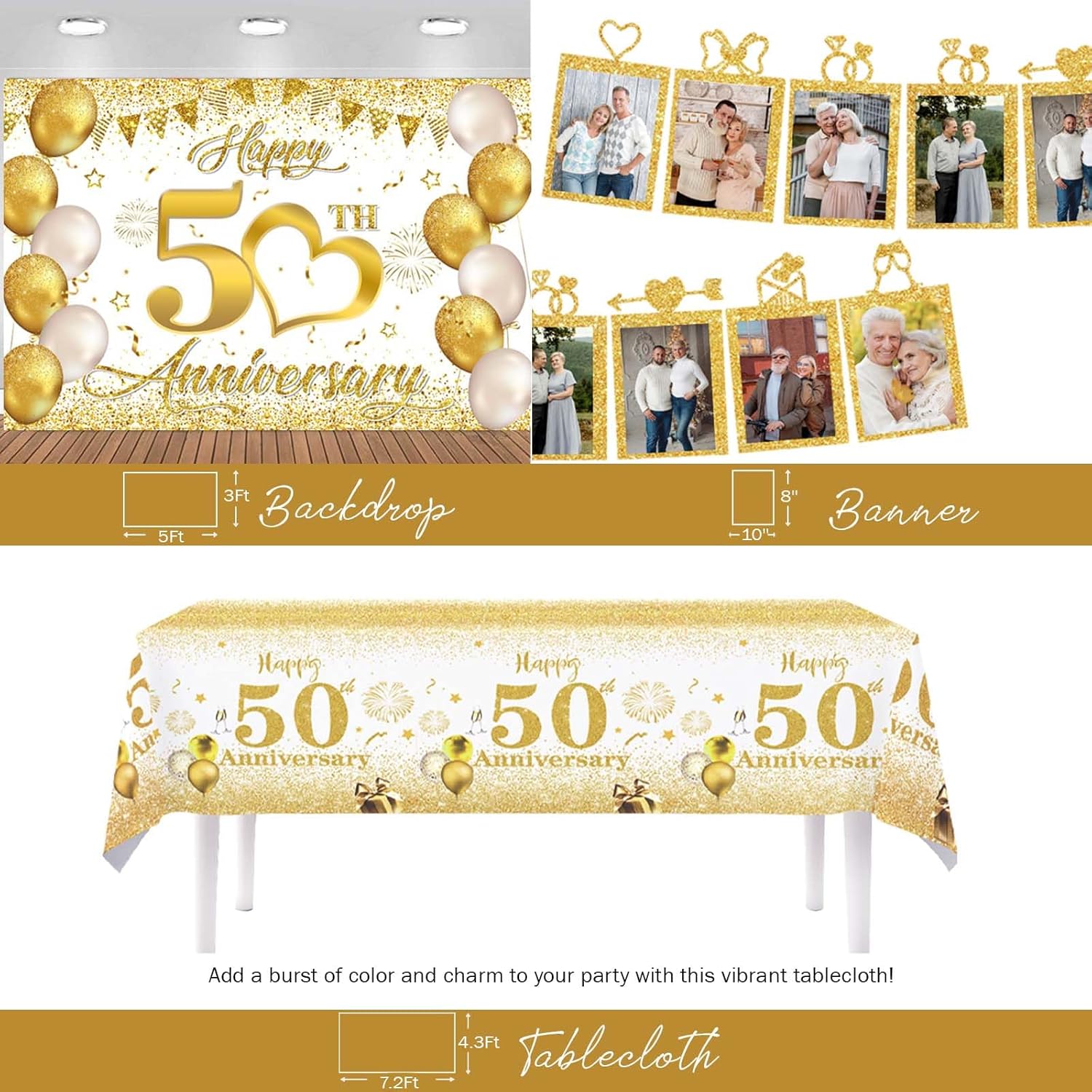Hombae 50th Anniversary Decorations, Happy 50th Golden Wedding Anniversary Decorations, 50 Year Anniversary Party Decorations Backdrop Tablecloth Balloon Banner Hanging Swirls Pom Poms White Gold