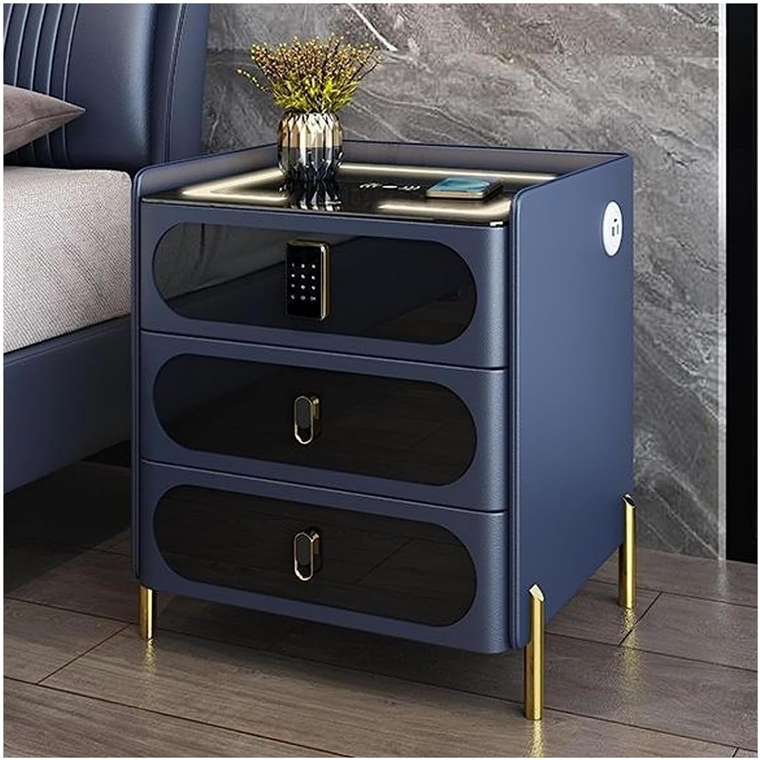 Wireless Charging Station Terminal Table with Lock Smart Bedside Cabinet LED Bedside Cabinet with USB 3 Drawers Wooden Bedside, Blue, 45 cm/17.7 in