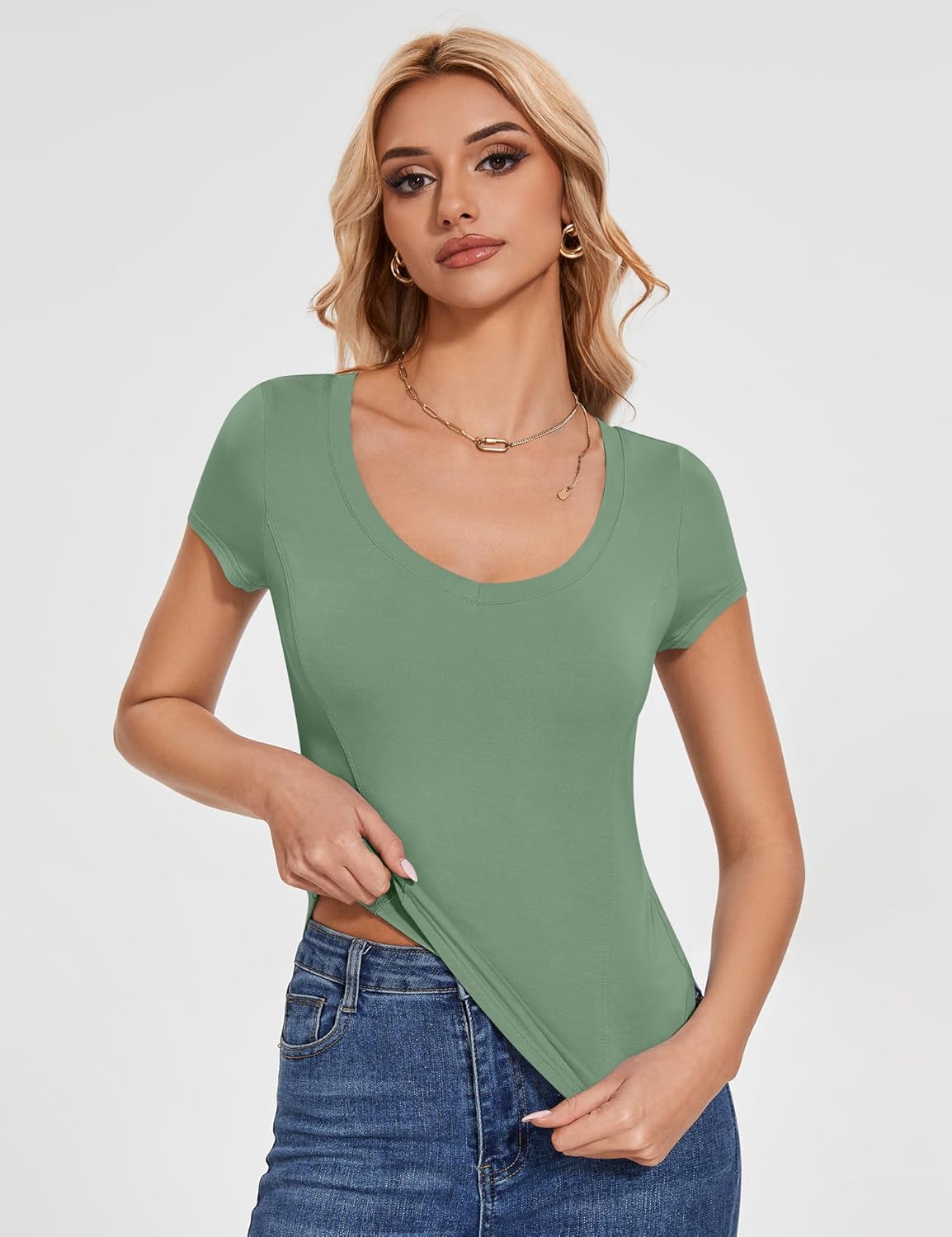 LUYAA Women's Deep V Neck Short Sleeve T Shirts Curved Hem Trendy Summer Going Out 1/2/3 Pack Tops XS-XL - Image 2