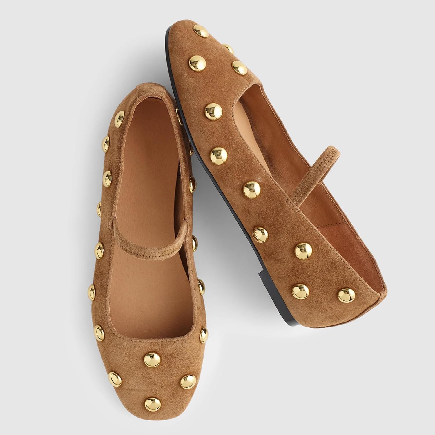 RBTHOLP Studded Ballet Flats for Women Square Toe Mary Jane Flats with Strap Suede Comfortable Studded Dressy Shoes - Image 4