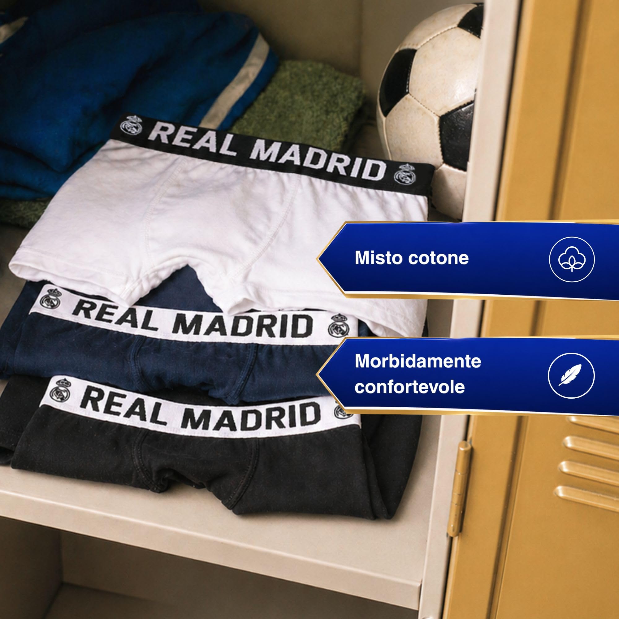 Real Madrid Boxer Ragazzi, Confezione da 5 – Prodotto con Licenza Ufficiale | Set di Boxer 95% Cotone | Regalo per i Tifosi più Piccoli con Elastico con Logo