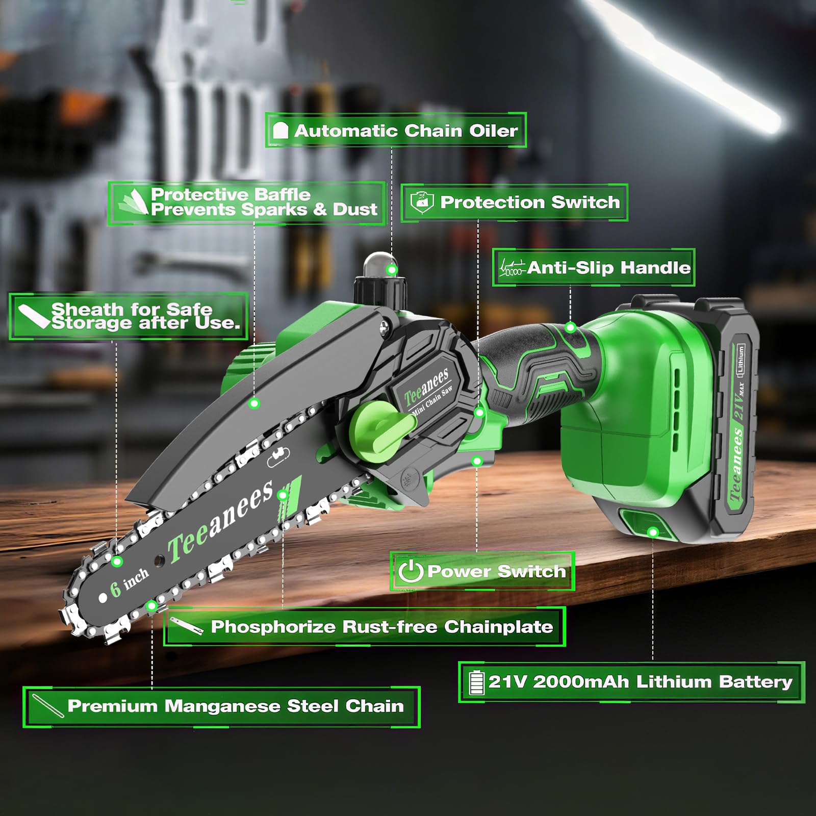Mini motosierra inalámbrica de 6 pulgadas, motosierra eléctrica alimentada por pilas con engrasador automático, bloqueo de seguridad para cortar madera, podar árboles, jardín y uso doméstico