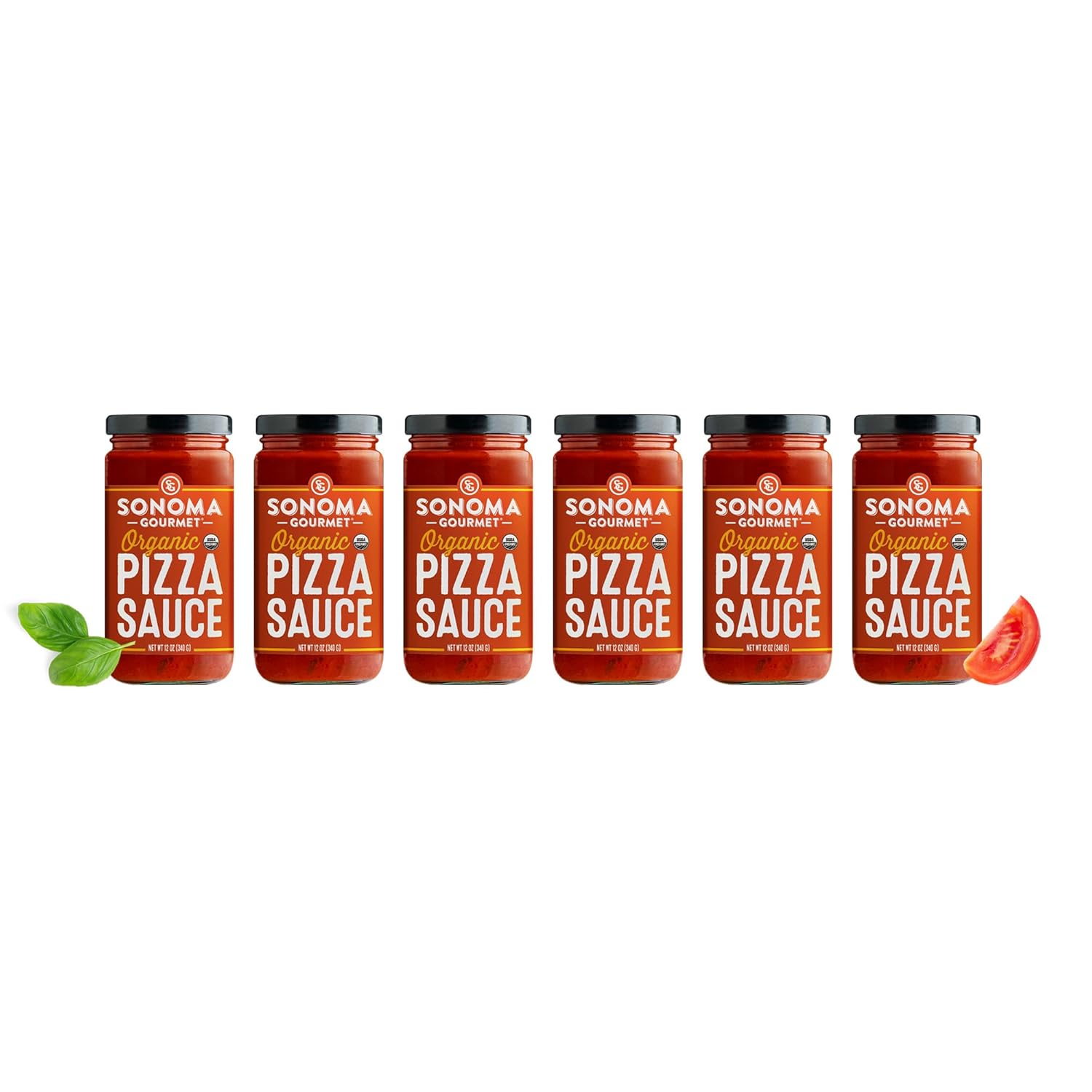 Sonoma Gourmet Organic Pizza Sauce | Made With Fresh Organic Tomatoes & Sweet Basil | Vegan & Gluten-Free | No Sugar Added | 12 Ounce Jars (Pack of 6)