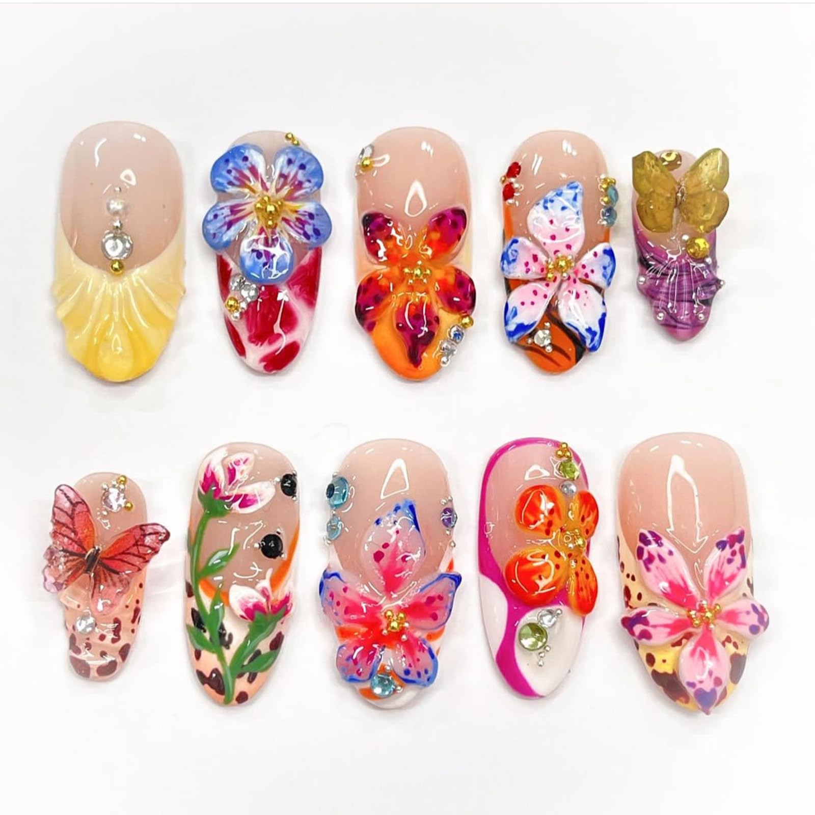 24Pcs Flower French False Nails Medium Almond, 3D Colorful Spring Floral Butterfly Press on Nails