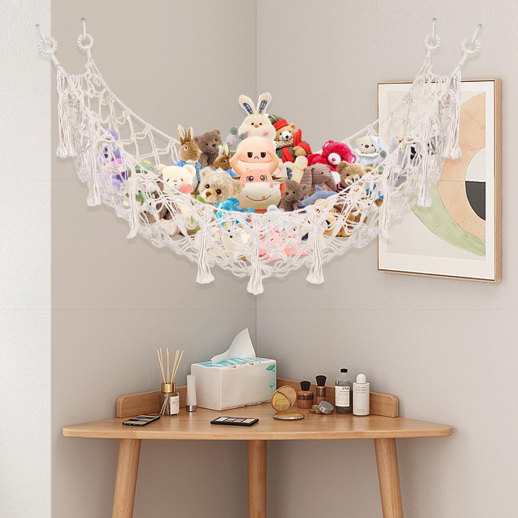 Hamac Carré en Macramé Bohème pour Animaux en Peluche, Filet de Rangement Mural en Coton, Blanc