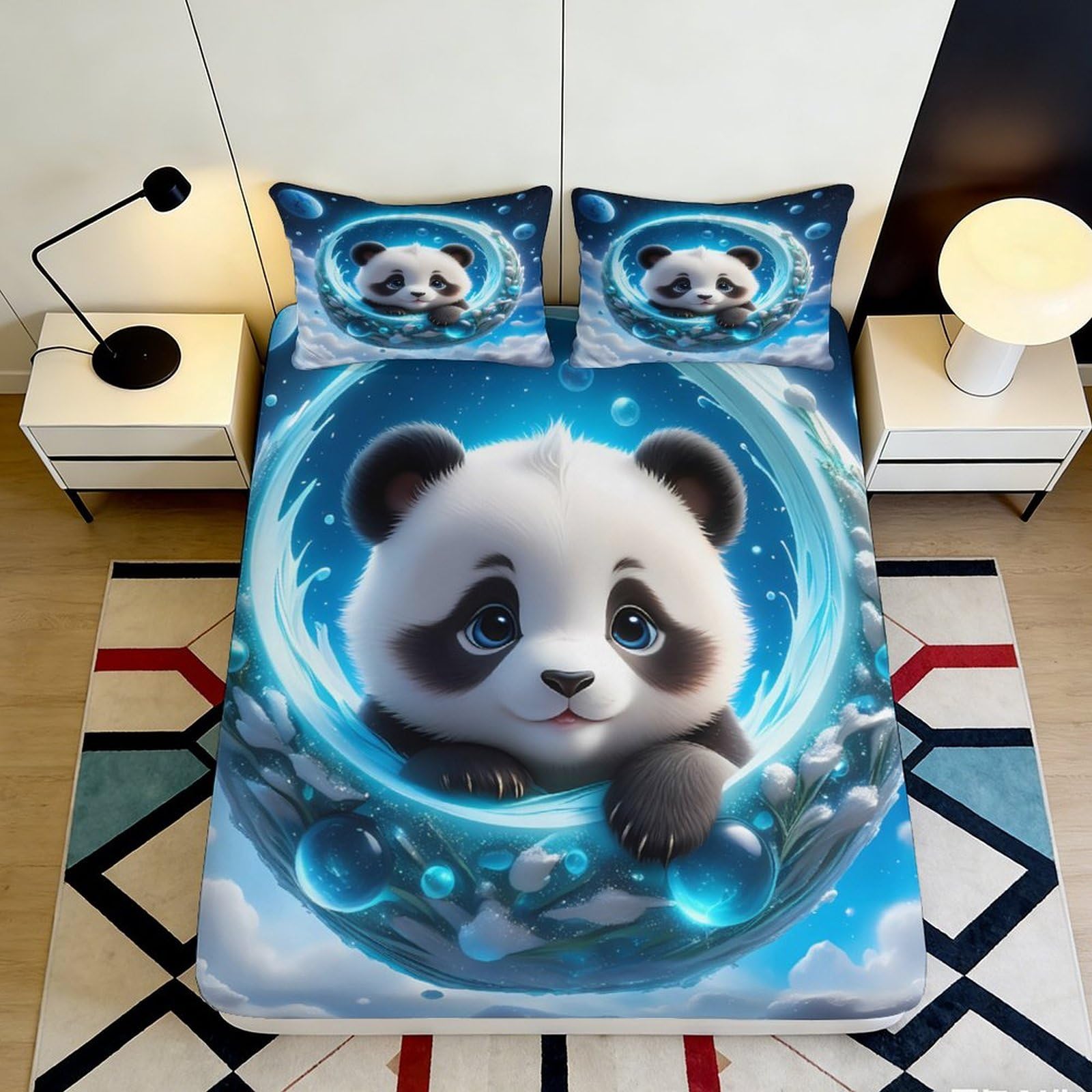 3D Printed Cute Panda Fitted Sheet Microfiber Deep Pocket Non-Slip Bedroom Panda Mattress Fitted Cover Full Wrap Washable Bedding 160x200x25cm