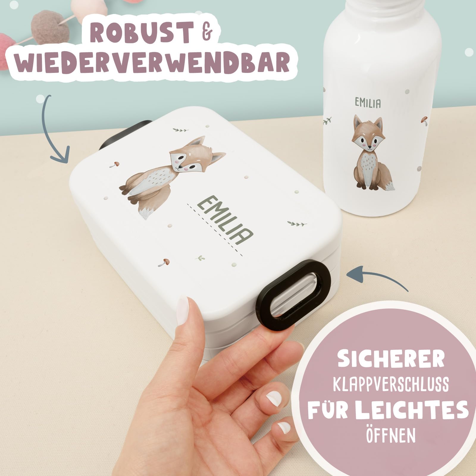 hellomini Personalisierte Mepal-Lunchbox & Edelstahl-Trinkflasche 500ml Set mit Wunschname & Tiermotiv – Brotzeitbox & Trinkflasche Kinder Schule Kita Geschenk (Elefant, Weiß)