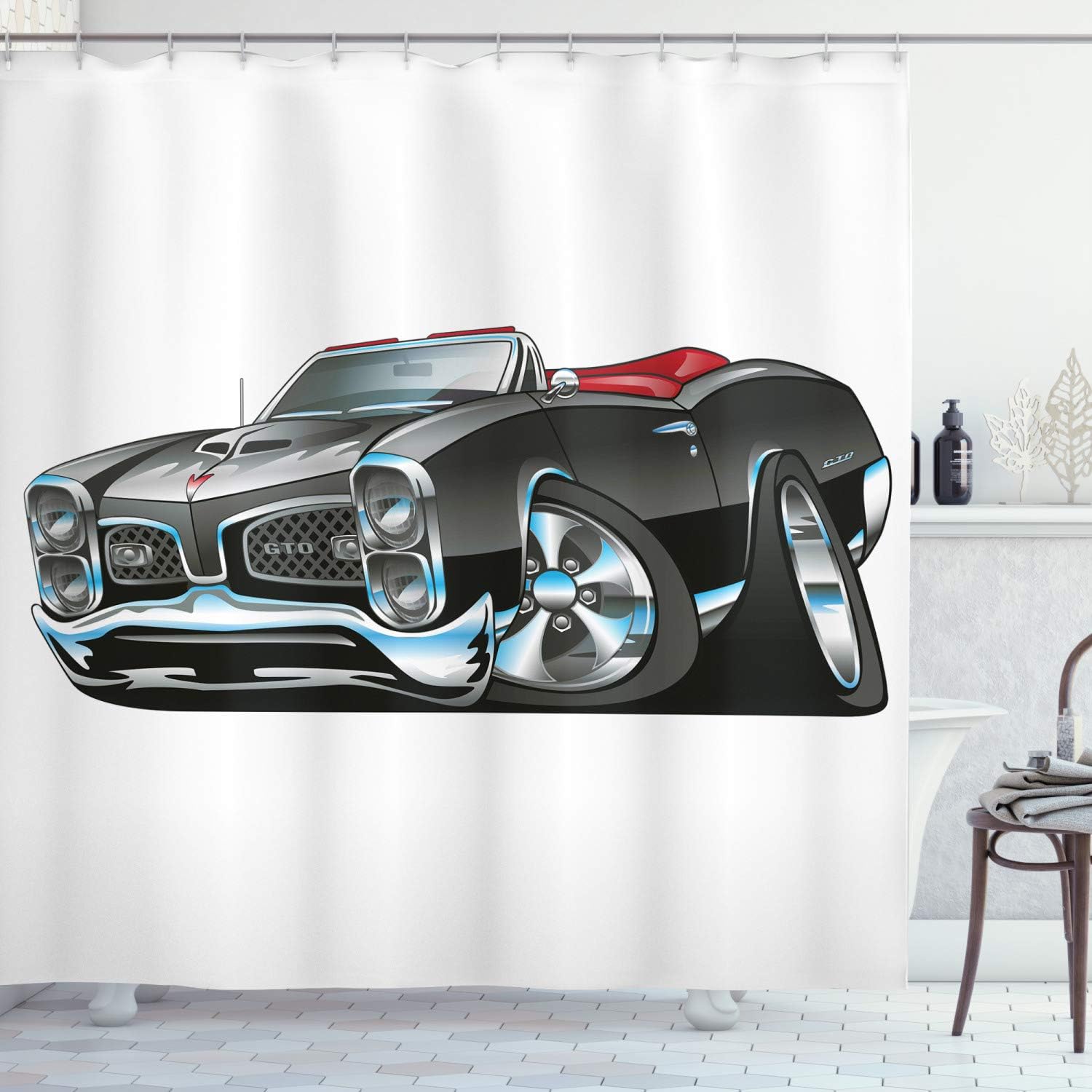 Ambesonne Cars Shower Curtain, American Nostalgic Sports Muscle Car with Speeding Wheels Tires Print, Cloth Fabric Bathroom Decor Set with Hooks, 69" W x 75" L, Pale Grey Blue