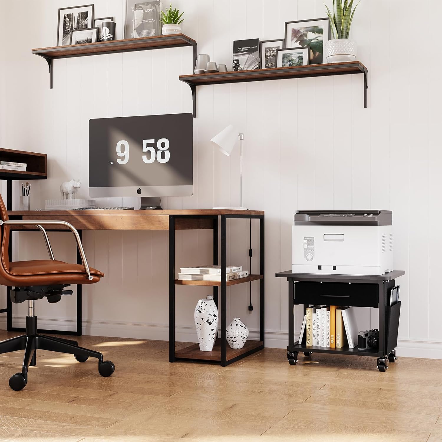 2 Tier Printer Stand with Storage Drawer - Under Desk Rolling Printer Cart for Home Office, Small Printer Table with Industrial Locking Wheels fit Fax Machine/Scanner (Black)