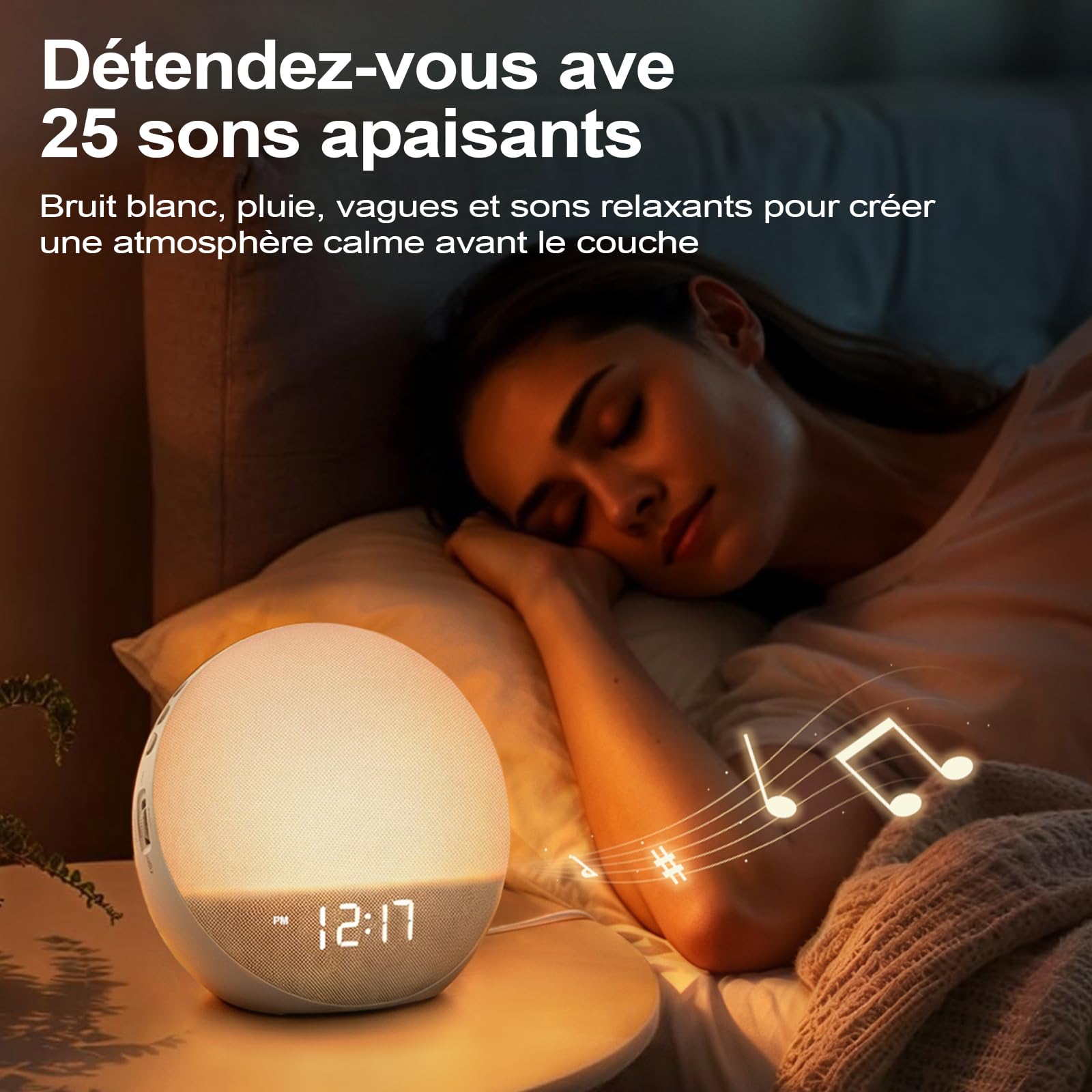 Réveil Simulateur d’Aube Bluetooth, Réveil Lumineux, Beige | 3 modes de réveil, 7 alarmes, haut-parleur 5 W, veilleuse RGB 12 couleurs et écran réglable 0–100 %, sans application