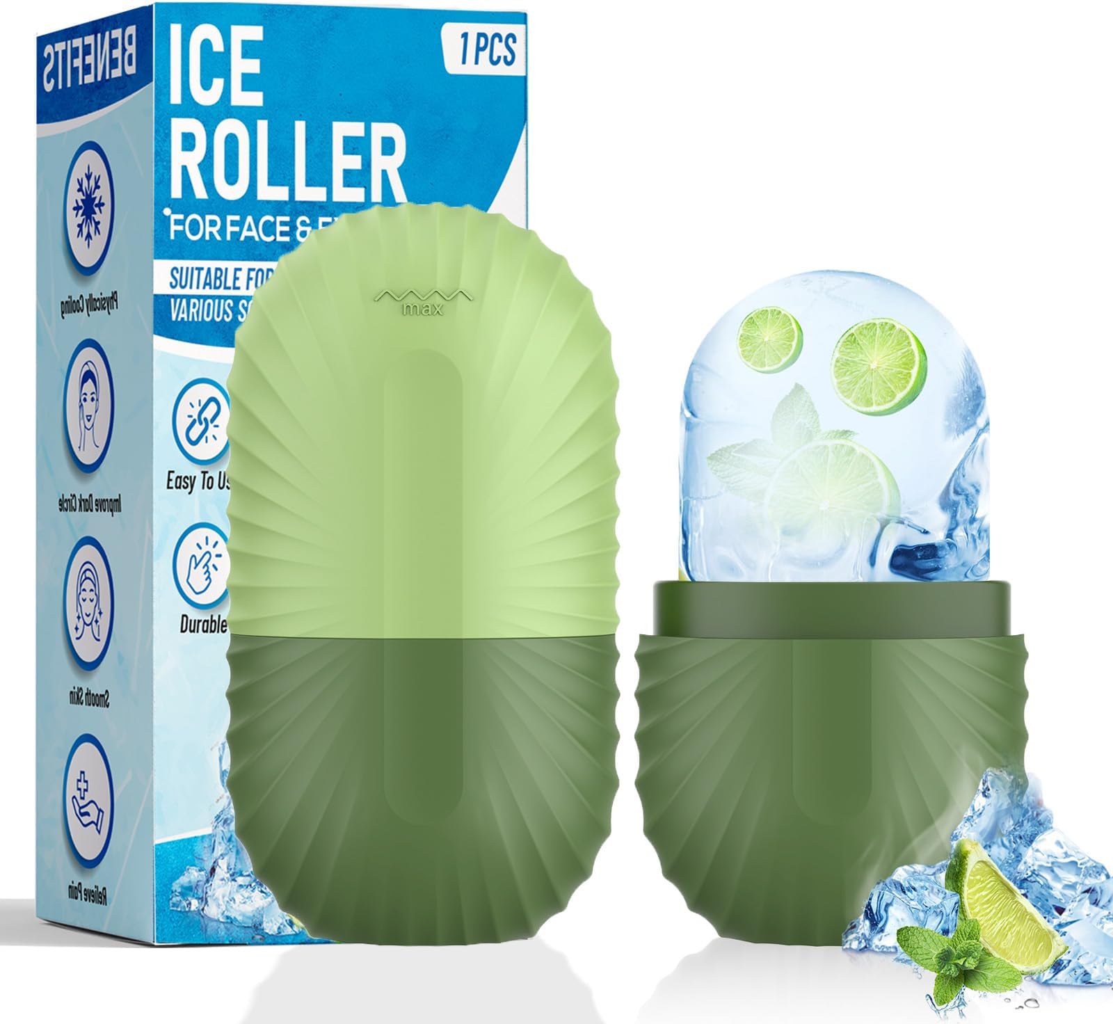 Ice Roller for Face and Eye, Silicone Ice Facial Roller Ice Holder, Face Ice Mold Skin Care, Face Icers Reusable Ice Cube Roller for Shrink Pores Anti Wrinkle Reduce Puffiness, Green