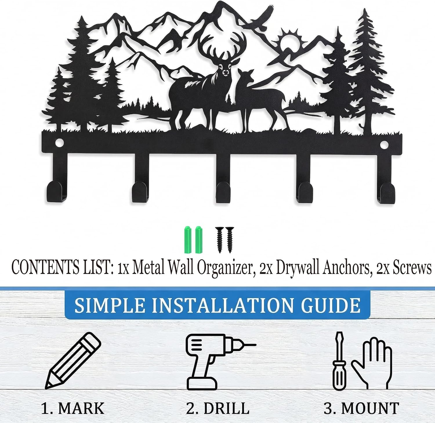 Deer Mountain Metal Key Holder Wall Mount Key Holder for Wall Rustic Cabin Decor Key Rack Hooks Hanger Woodland Wildlife Wall Art Entryway Organizer Housewarming Hunting Gifts