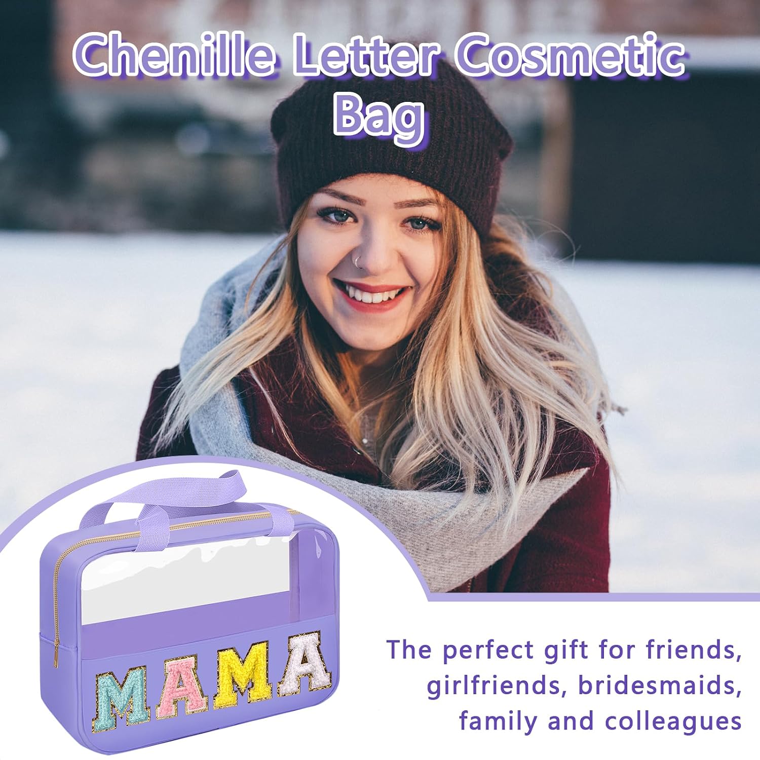 Chenille Letter Patch Mama Bag, Preppy Clear Makeup Cosmetic Bag Large Toiletry Storage Tote Bag with Handle, Transparent Nylon Waterproof Organizer Zipper Pouch for Travel Women Girls(Purple) image 5