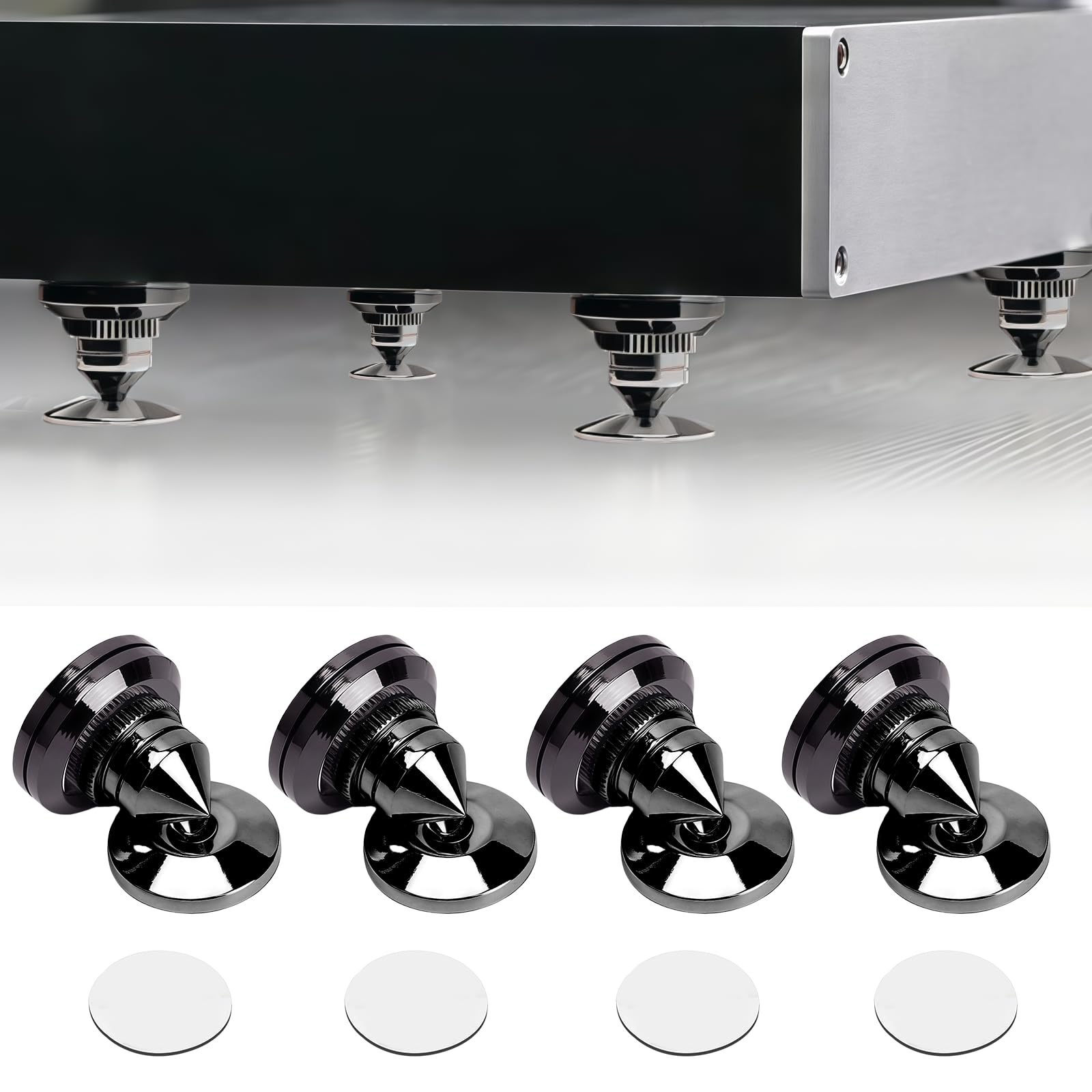 4 pièces pointes pour caisson de basses : pointes de haut-parleur avec 8 tapis antidérapants et 4 coussinets de base, support de haut-parleur anti-vibrations, hauteur non réglable, pics d'enceinte