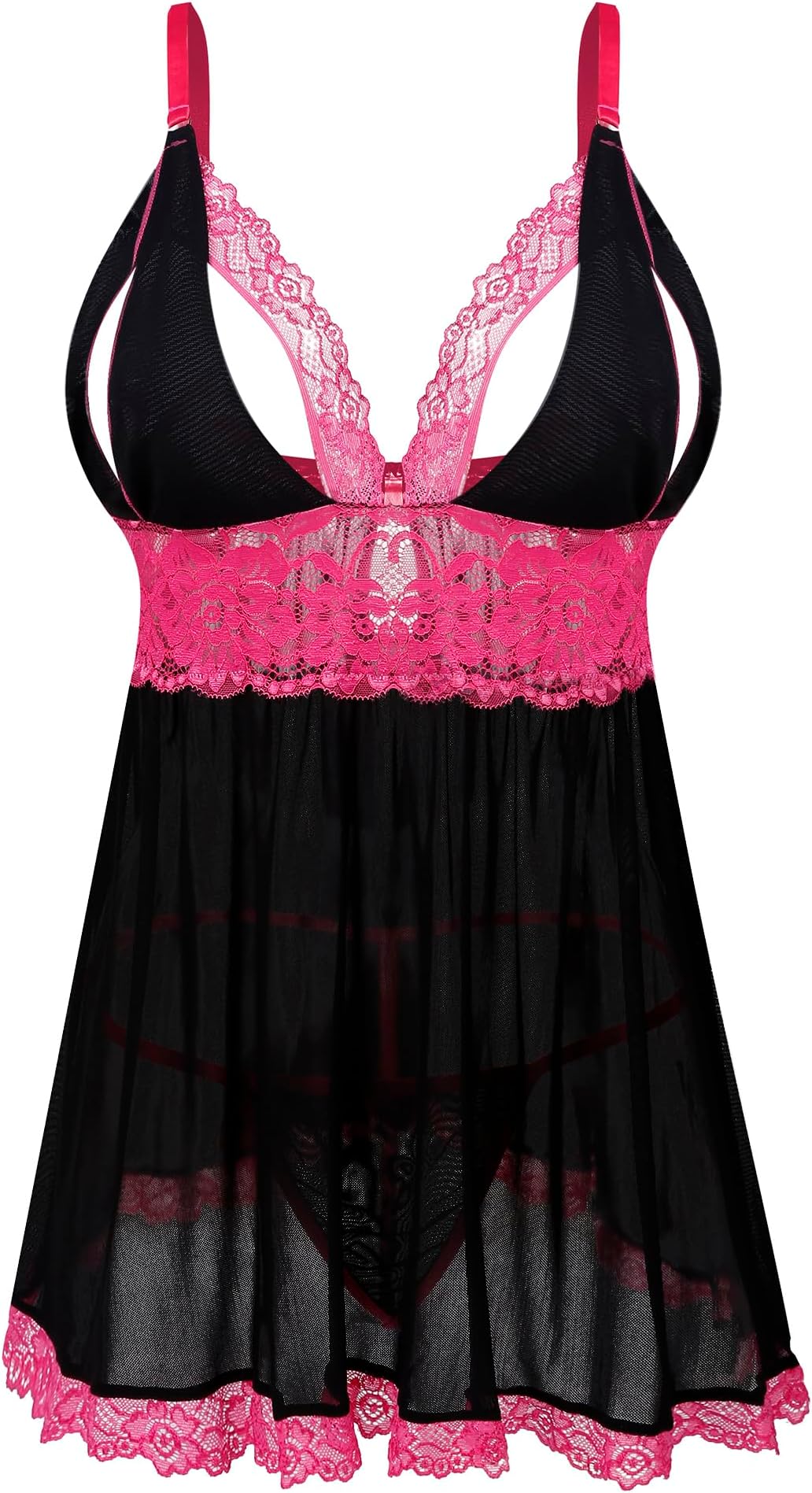 Plus Size Babydoll Lingerie Set for Women Sexy Mesh Lace Nightwear Adjustable Straps V Neck Chemise with Panty
