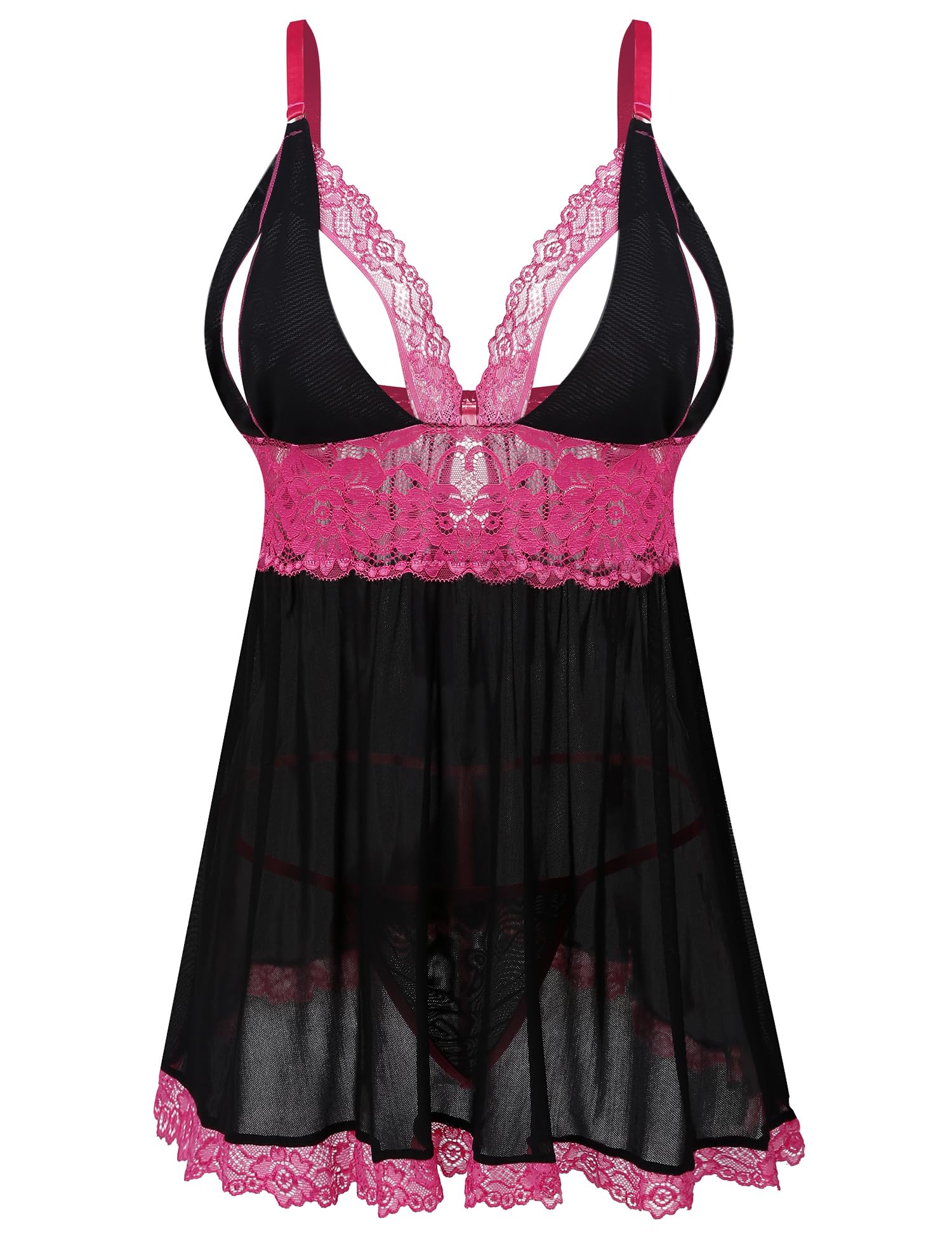 Donnalla Plus Size Babydoll Lingerie Set for Women Sexy Mesh Lace Nightwear Adjustable Straps V Neck Chemise with Panty