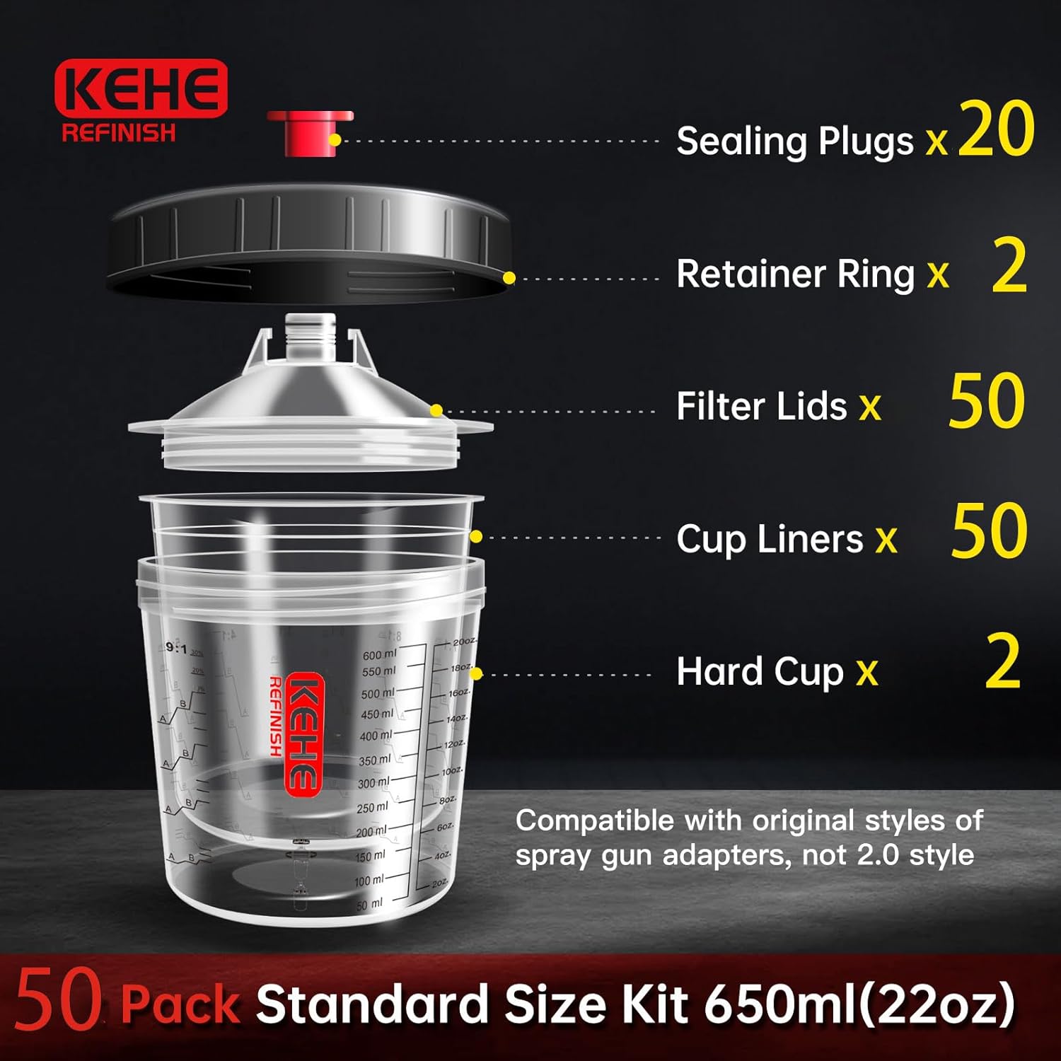 Disposable Paint Cups for Spray Gun,Mixing Cups 20 Ounce (600ml) Kit with 50 Cups and Lids with Strainer System for HVLP&LVLP,2 Hard Cups with Retainer Ring,20 Plugs,3 Caps,2 Adapters,1 Wash Bottle
