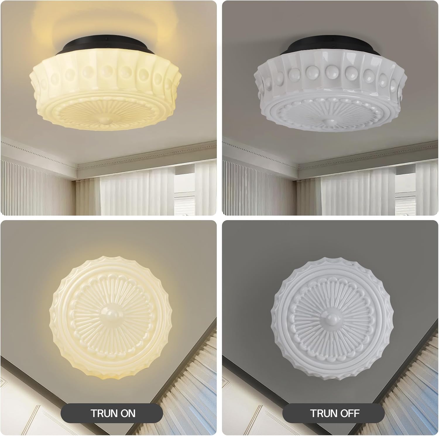 White Milk Glass Ceiling Light Fixture, 13.8'' Flush Mount Lighting for Bedroom, Hallway, Kitchen & Dining Room, Vintage Mid Century Design, 4 LED Bulbs Included, Ideal for Modern Farmhouse Milk White C