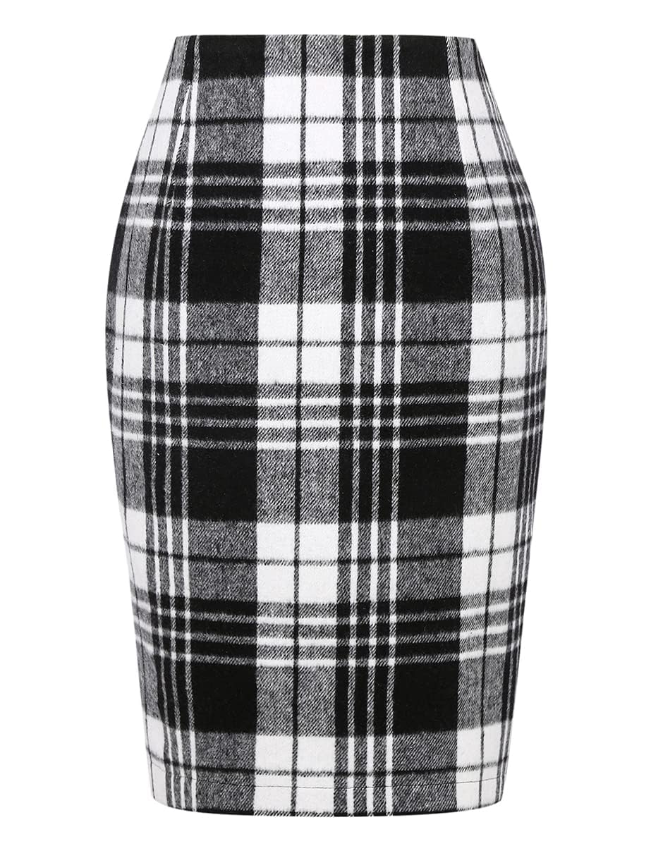 IDEALSANXUN Plaid Skirts for Women Fall Winter Knee Length Pencil Wool Skirt with Slit, Black, L