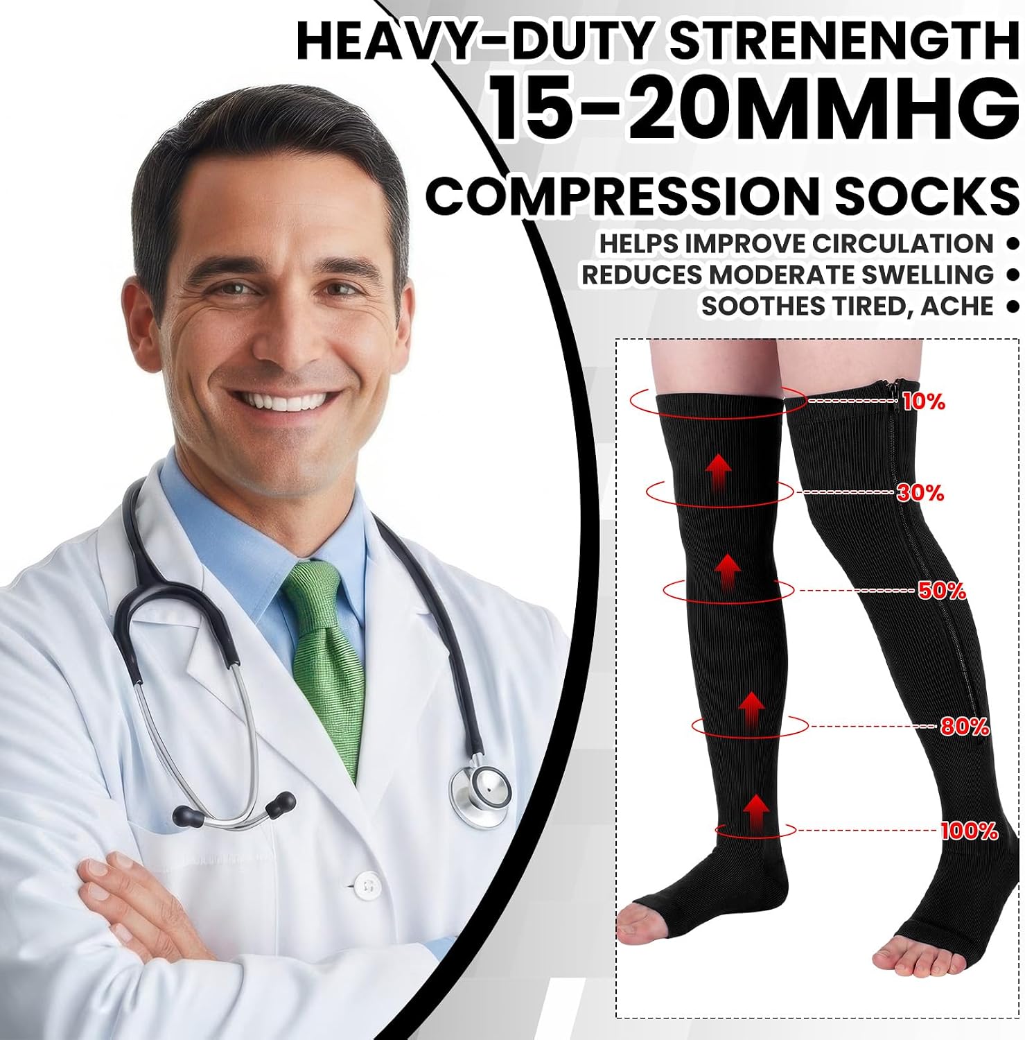 Mens Open Toe Thigh High Zipper Compression Socks 15-20 mmHg Over the Knee Stockings for Swelling Edema
