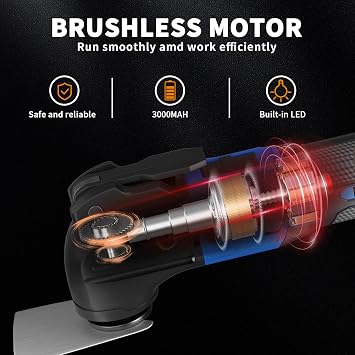 Cordless Oscillating Tool,2000 RPM Brushless Multifunction Tool,6 Adjustable Speed,Oscillating 4° Quick Change System Oscillating Multi-Tool with 22 PCS Accessories for Cutting,Sanding and Grinding